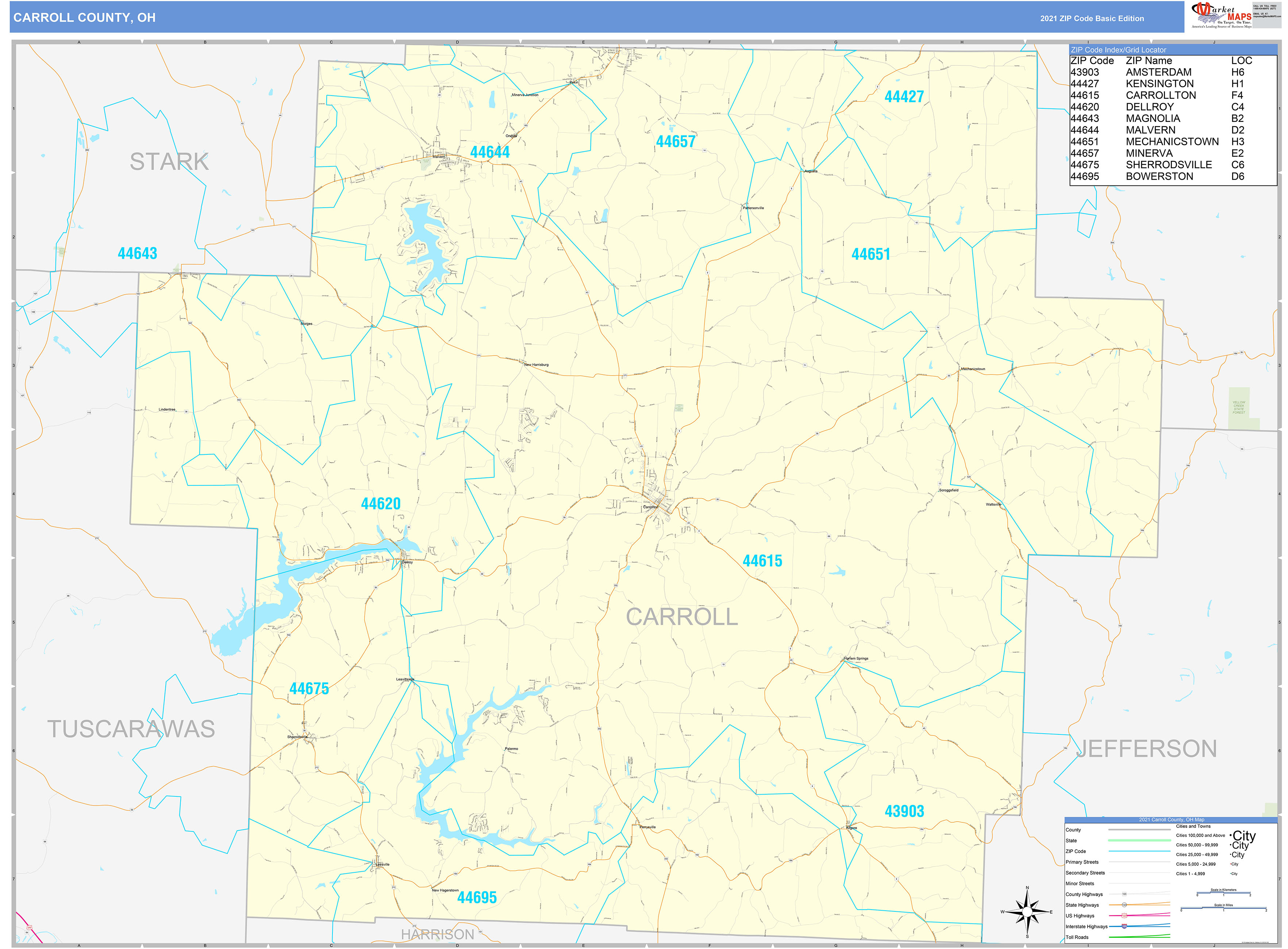 Carroll County, OH Zip Code Wall Map Basic Style by MarketMAPS MapSales