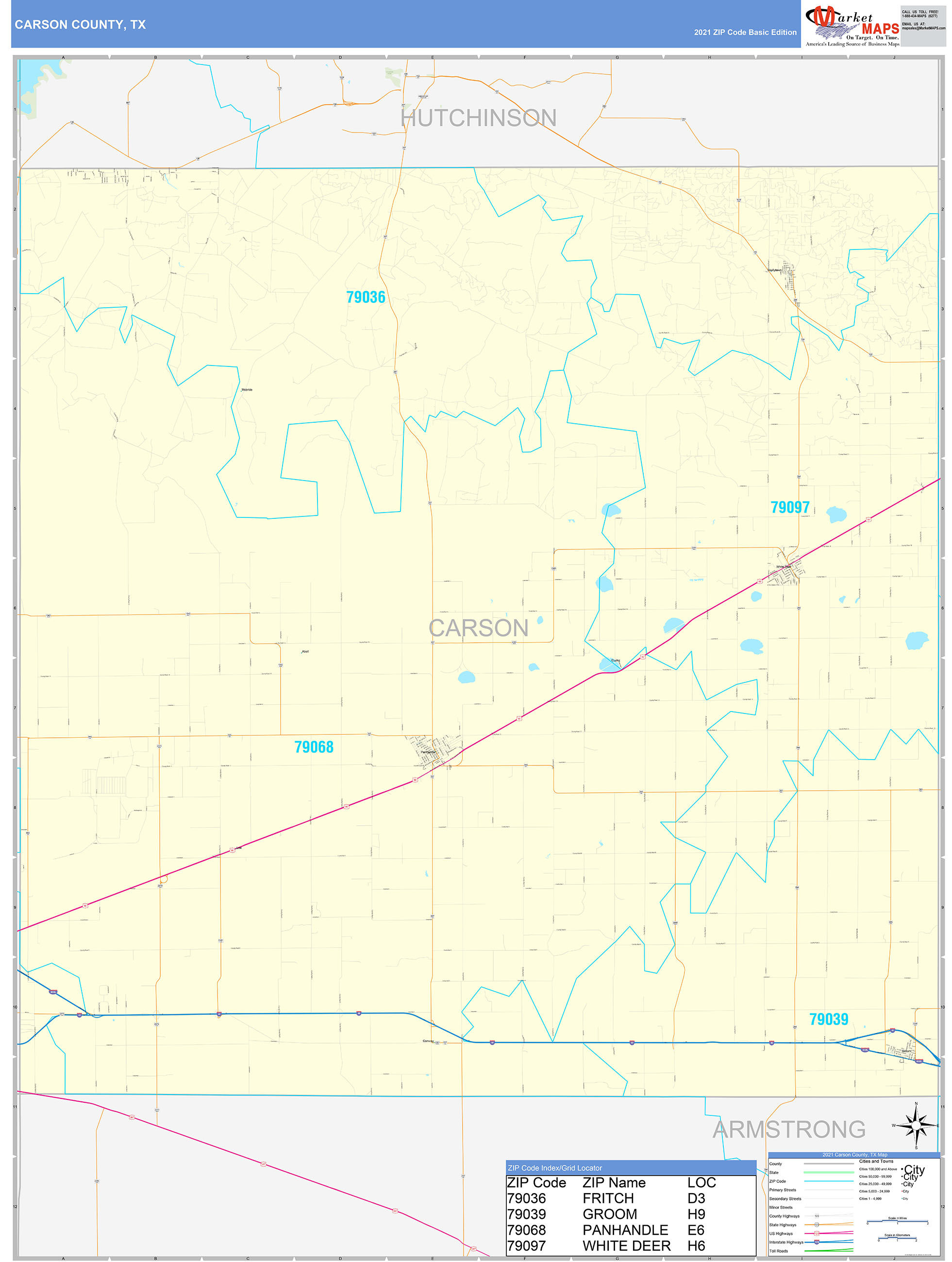 Carson County, TX Zip Code Wall Map Basic Style by MarketMAPS MapSales