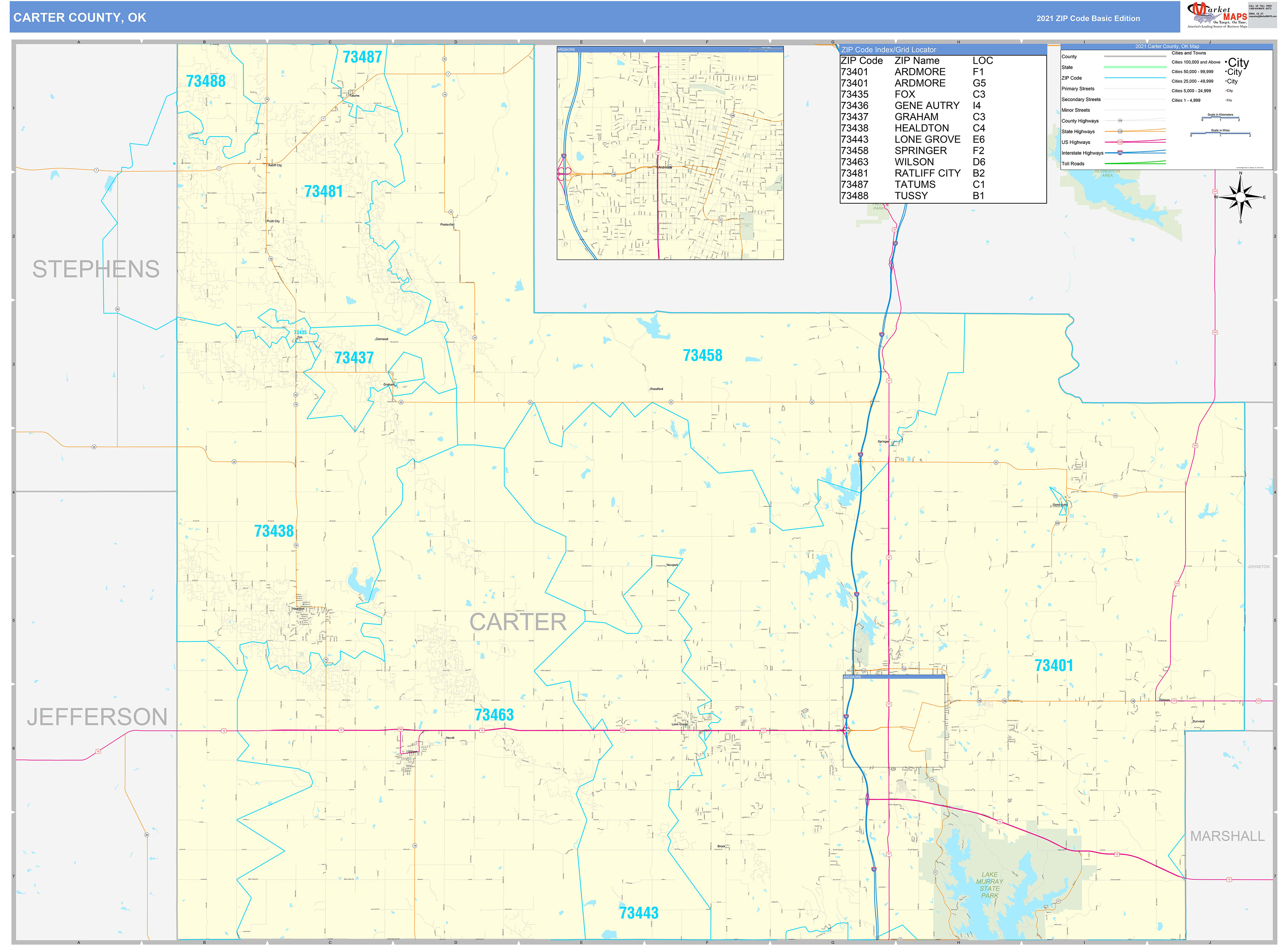 Carter County, OK Zip Code Wall Map Basic Style by MarketMAPS