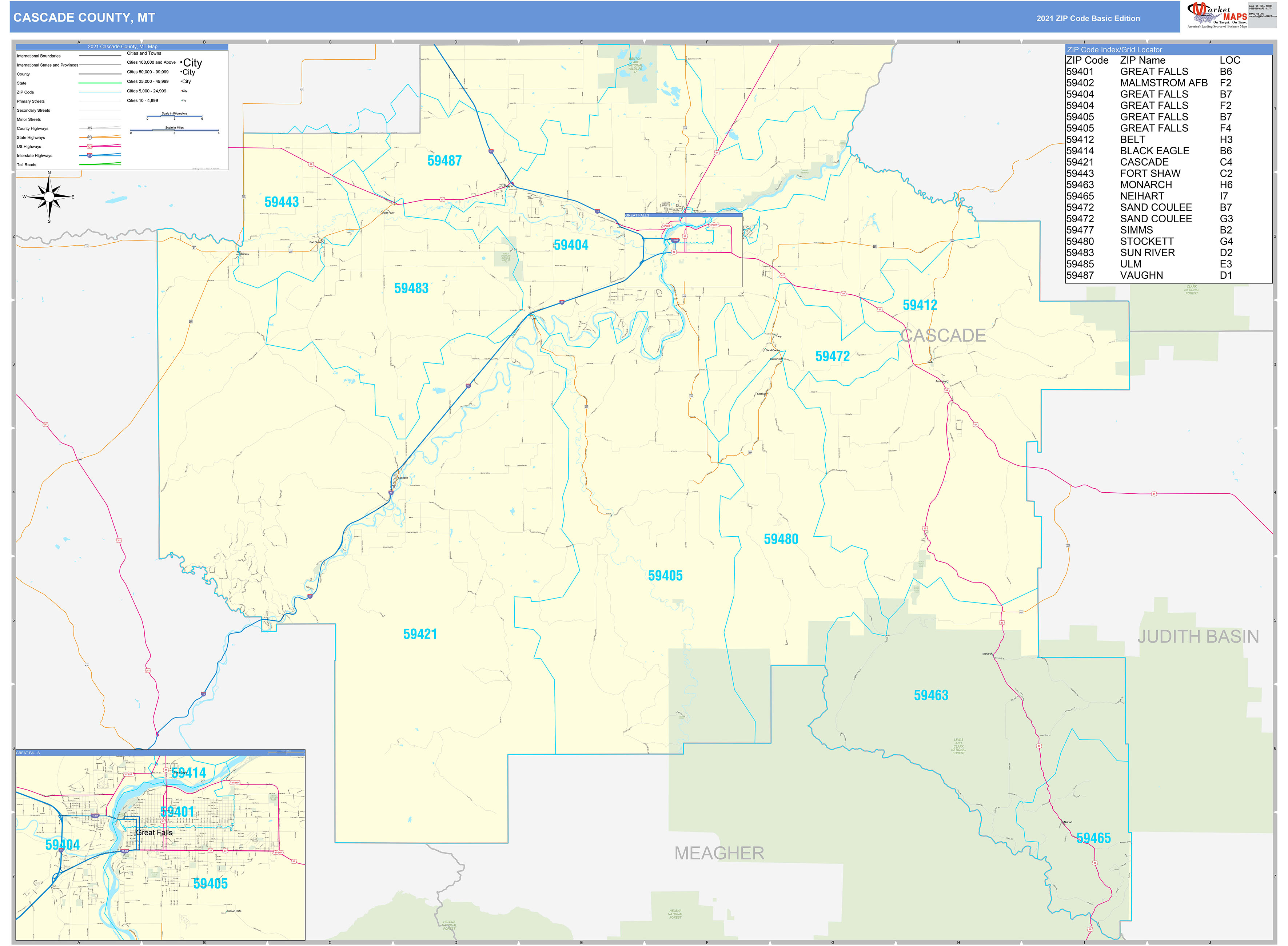 Cascade County, MT Zip Code Wall Map Basic Style by MarketMAPS