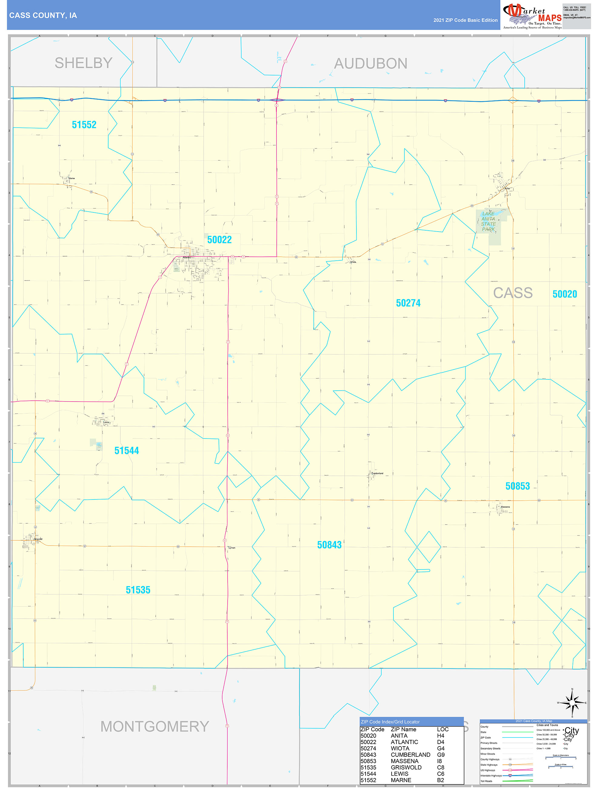 Cass County, IA Zip Code Wall Map Basic Style by MarketMAPS