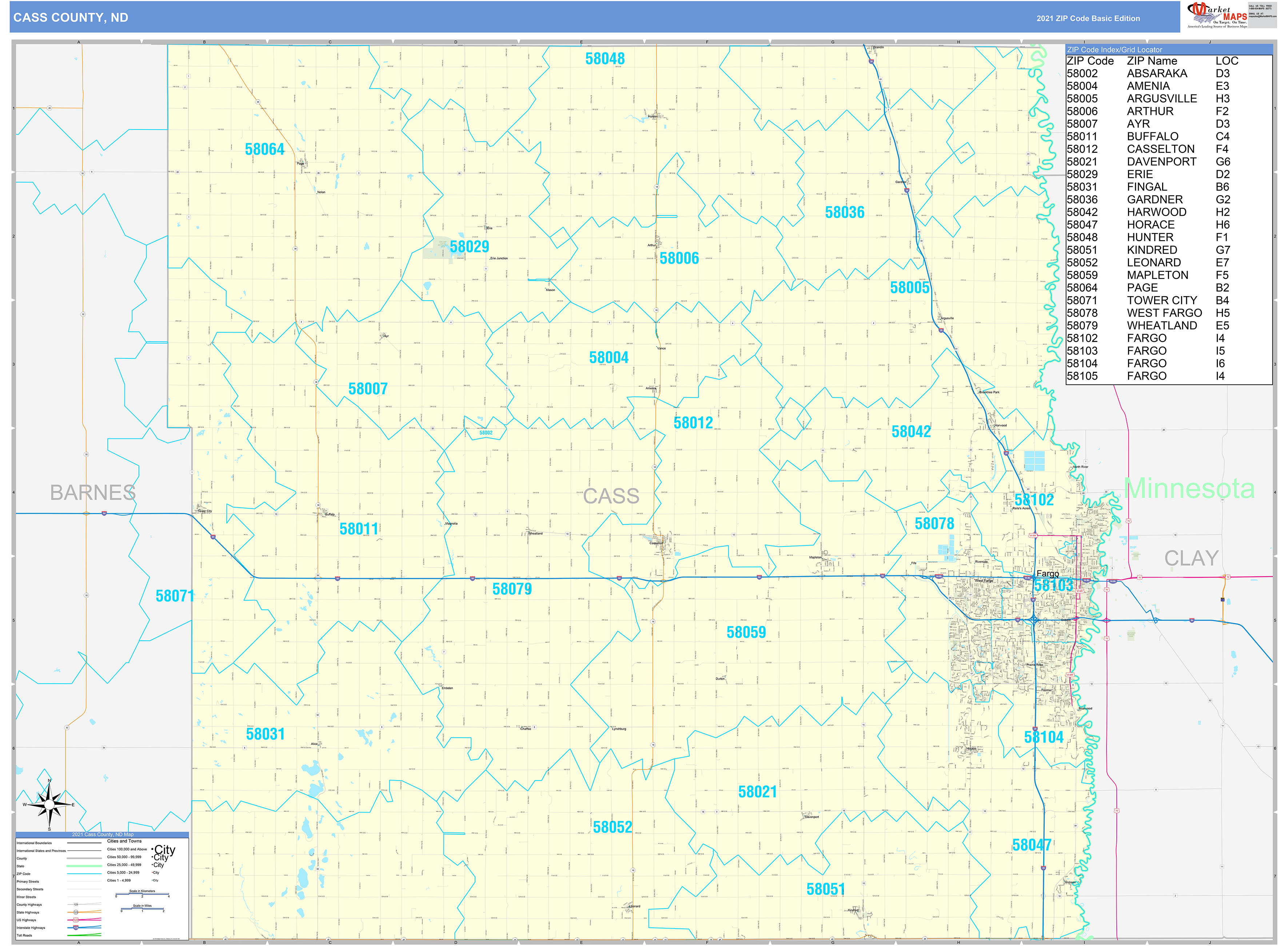 Cass County, ND Zip Code Wall Map Basic Style by MarketMAPS