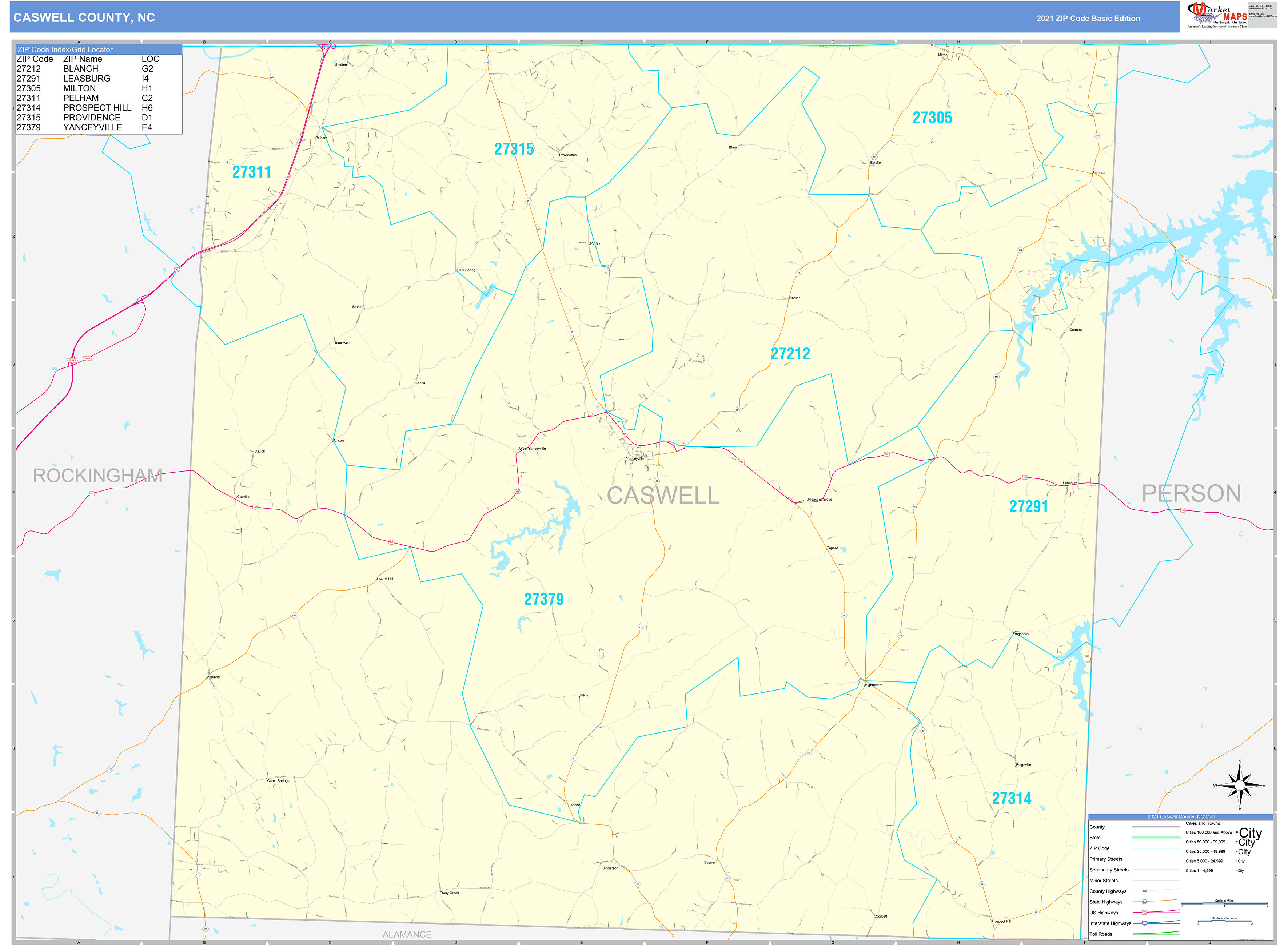 Caswell County, NC Zip Code Wall Map Basic Style by MarketMAPS