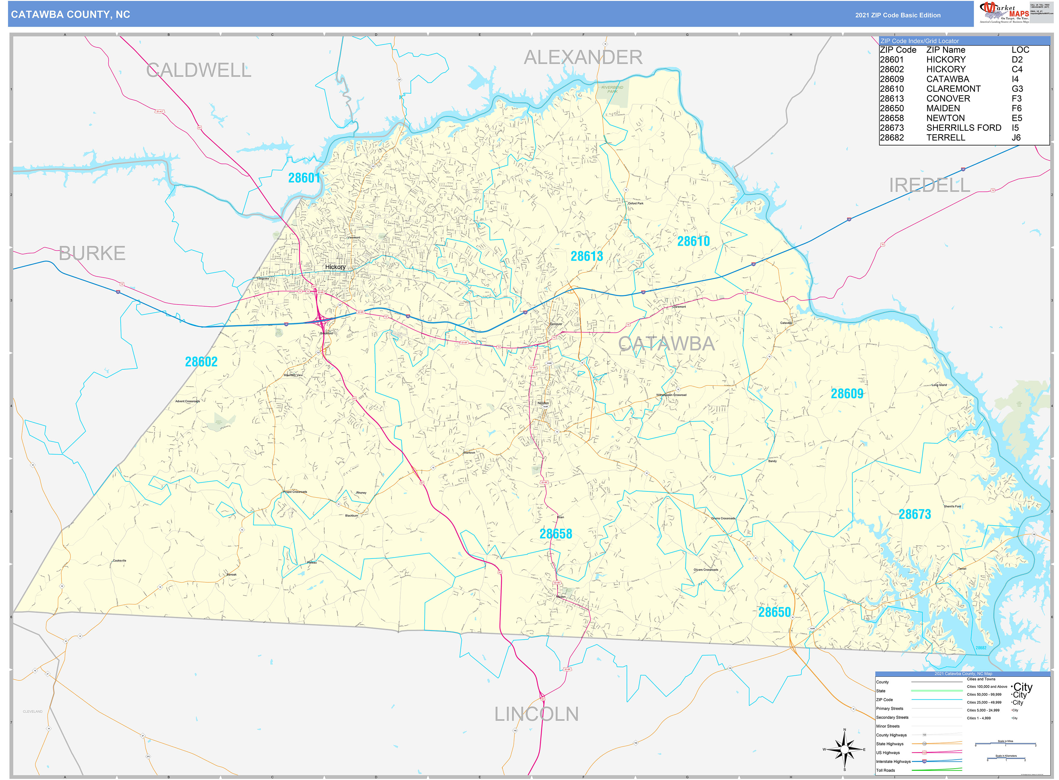 Catawba County, NC Zip Code Wall Map Basic Style by MarketMAPS