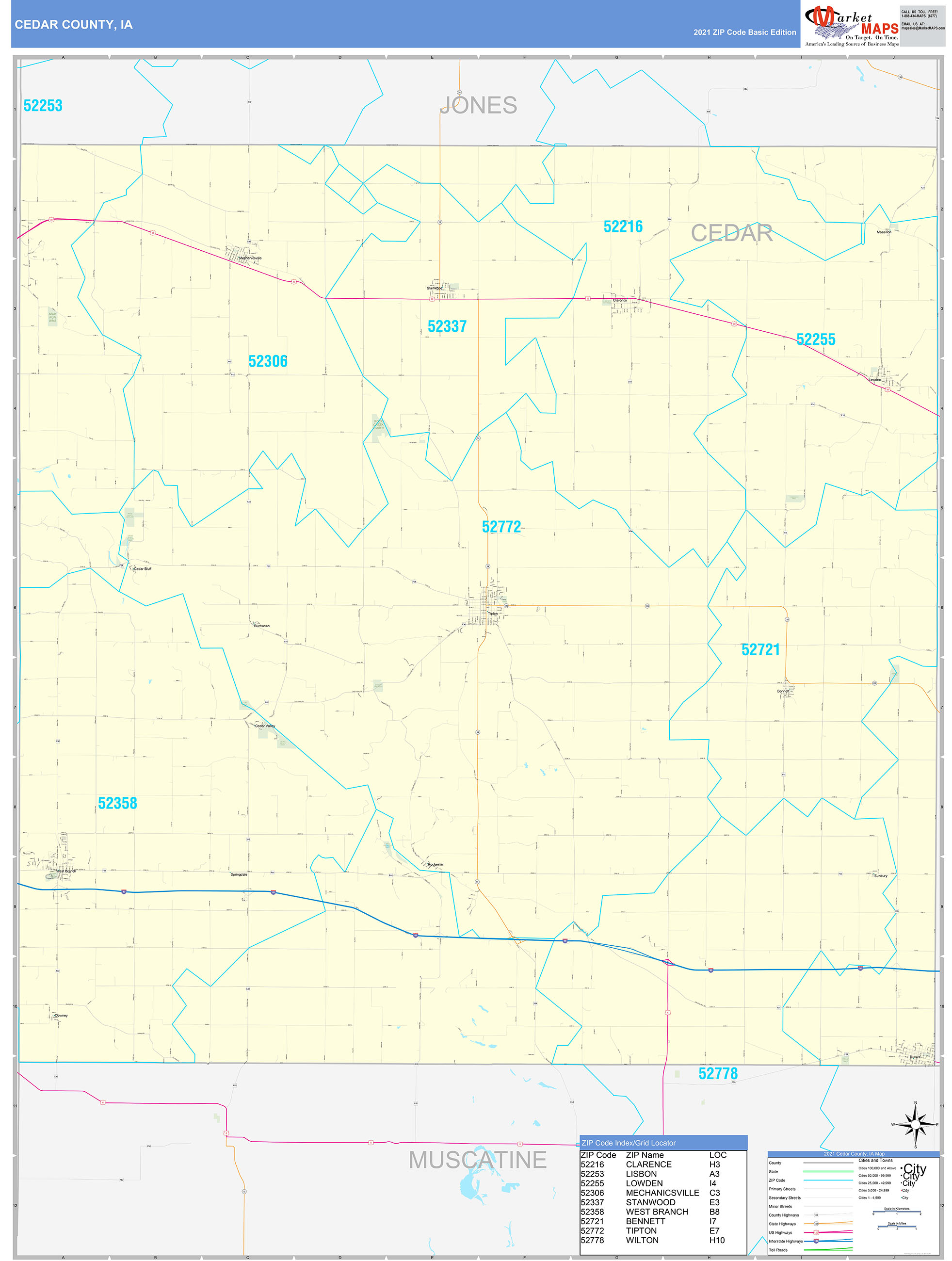 Cedar County, IA Zip Code Wall Map Basic Style by MarketMAPS