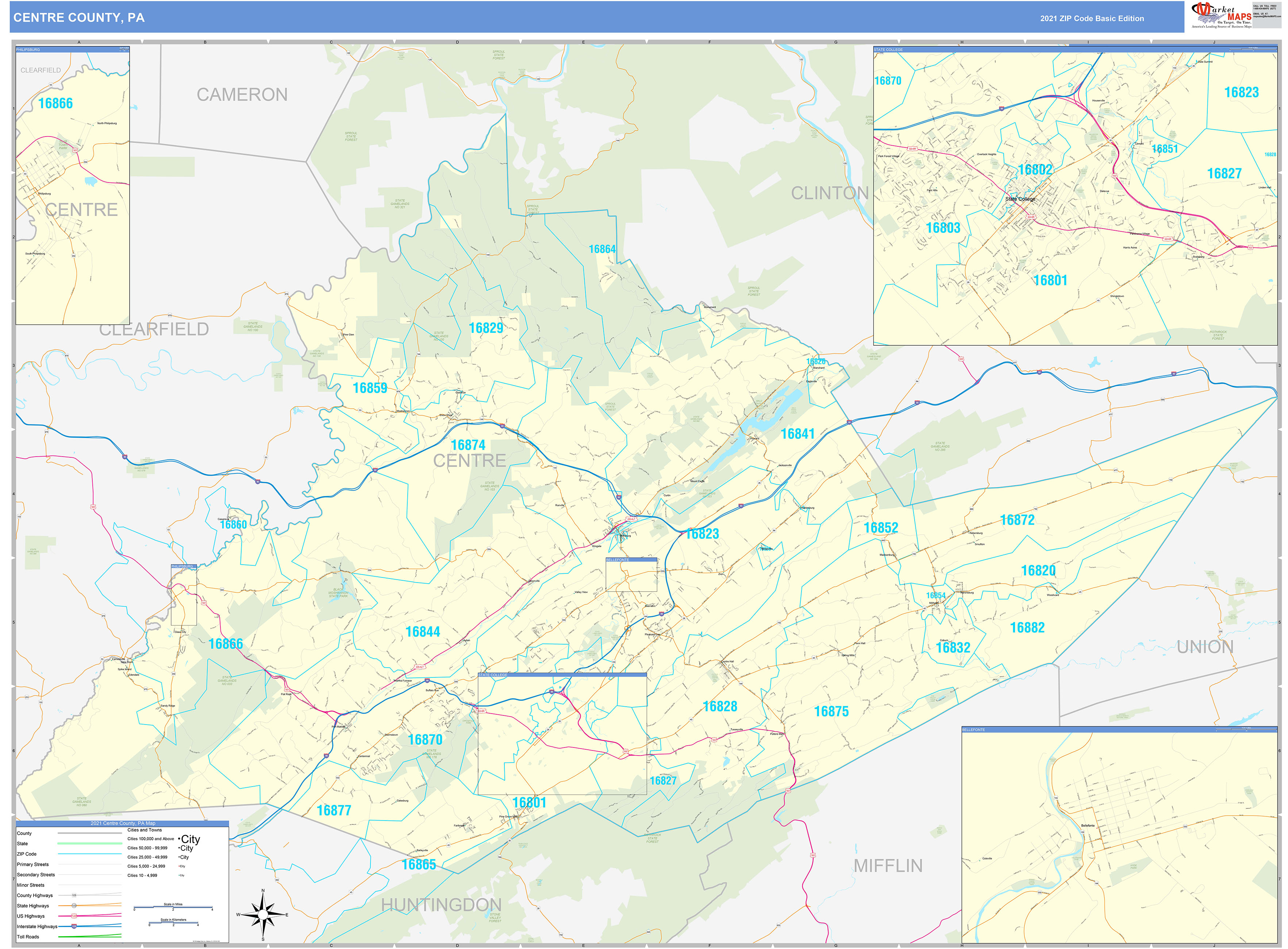 Centre County, PA Zip Code Wall Map Basic Style by MarketMAPS MapSales