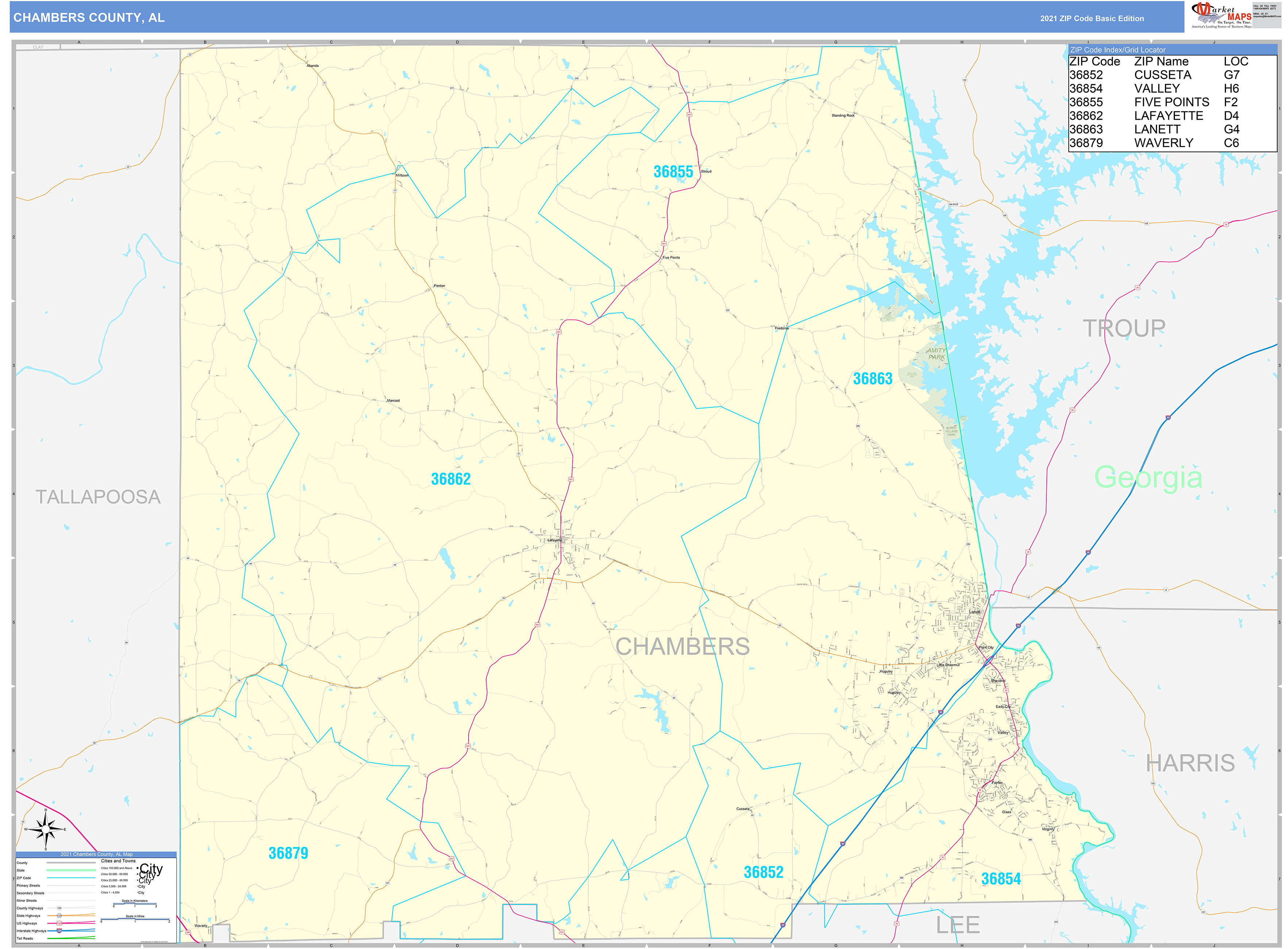 Chambers County, AL Zip Code Wall Map Basic Style by MarketMAPS