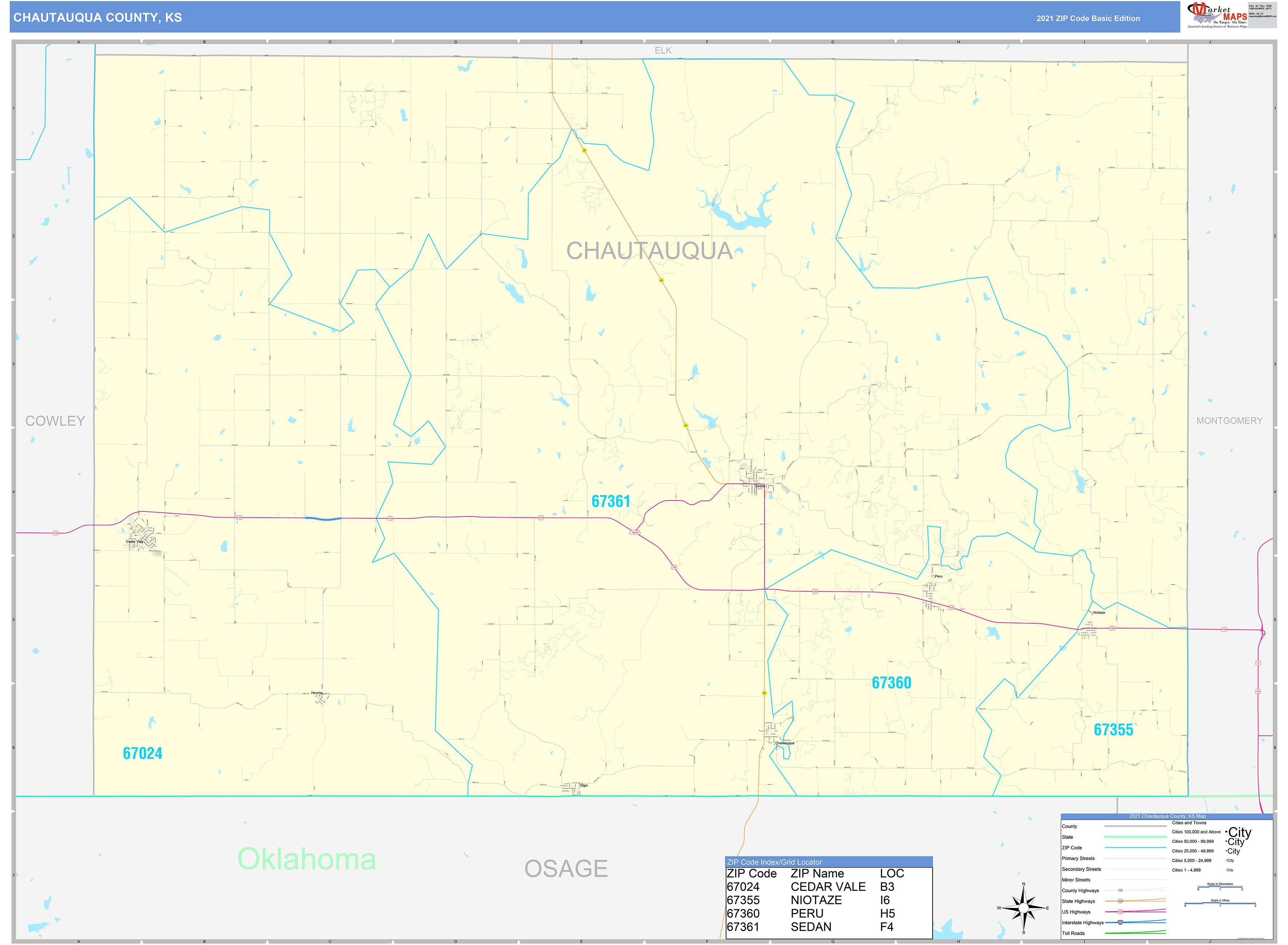 Chautauqua County, KS Zip Code Wall Map Basic Style by MarketMAPS