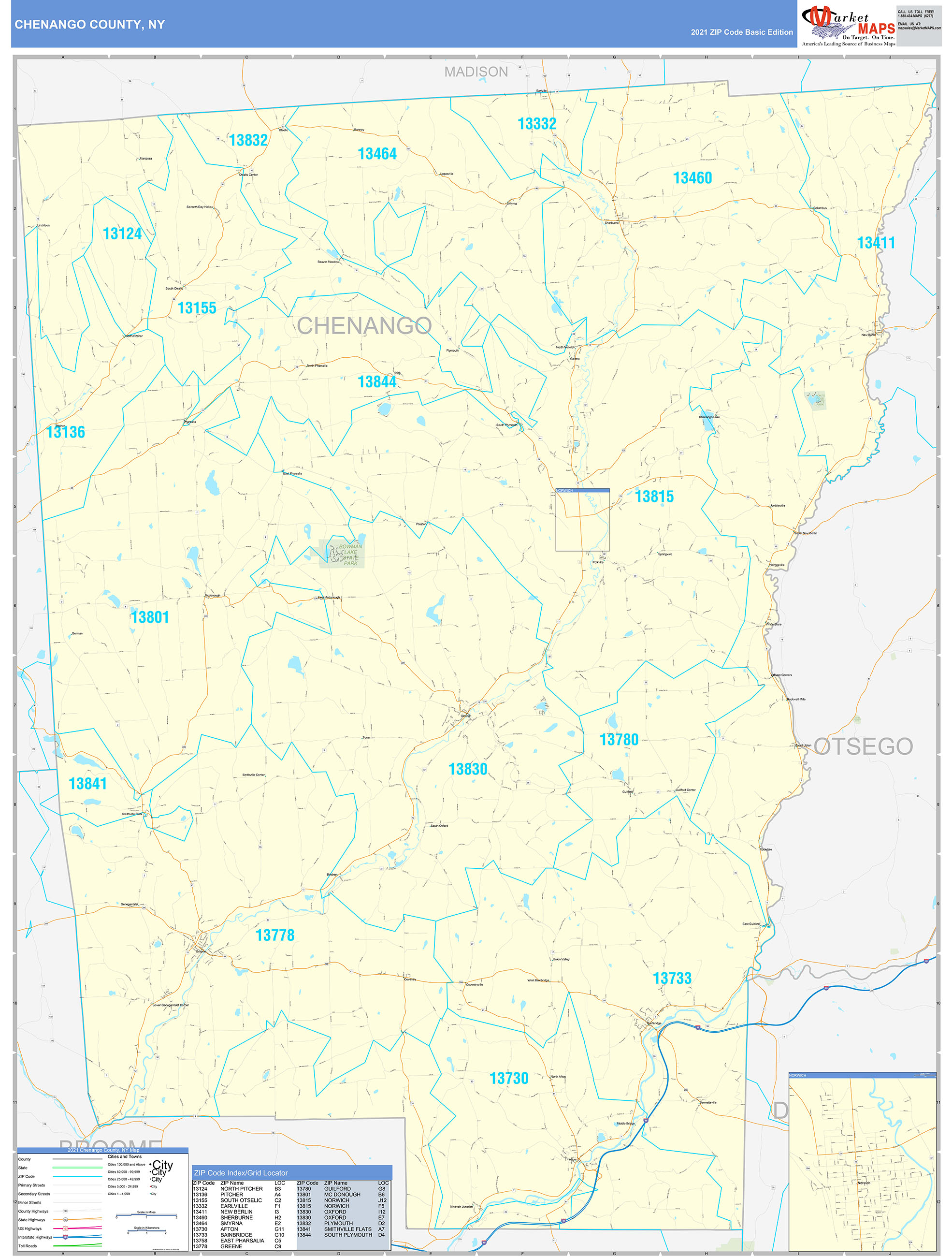 Chenango County, NY Zip Code Wall Map Basic Style by MarketMAPS MapSales