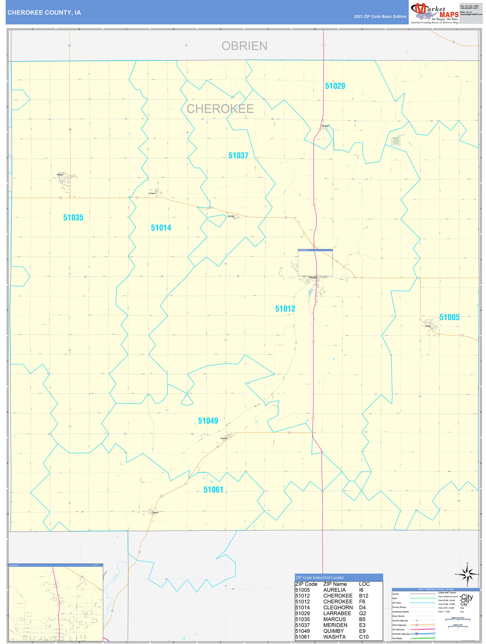 Cherokee County, IA Zip Code Wall Map Basic Style by MarketMAPS