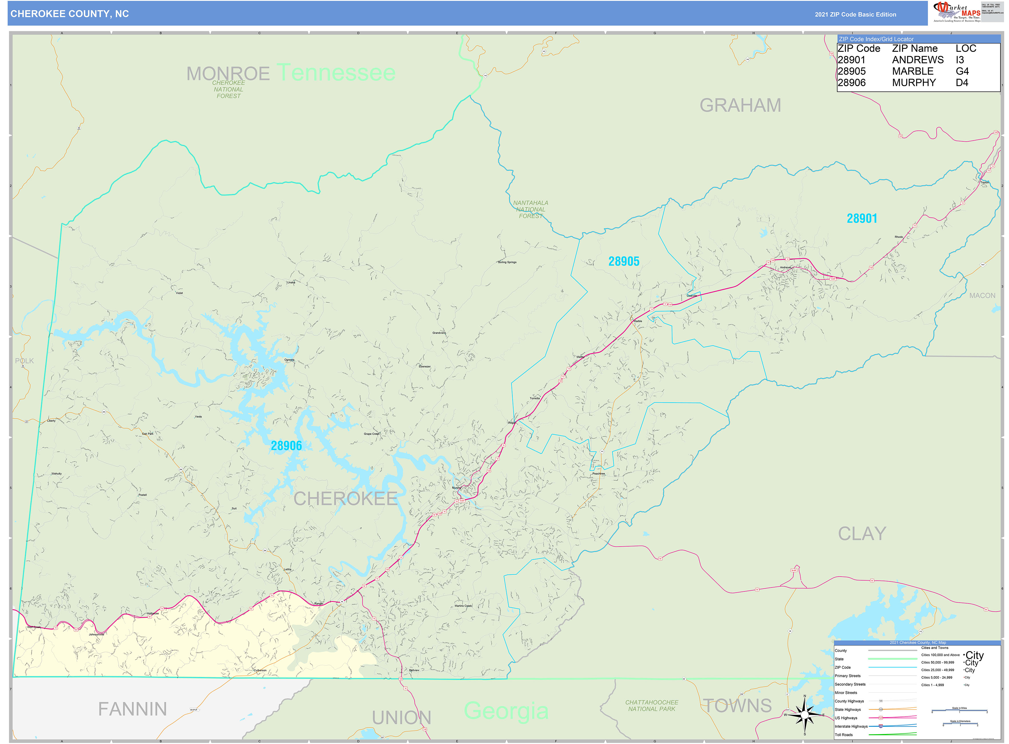 Cherokee County, NC Zip Code Wall Map Basic Style by MarketMAPS MapSales