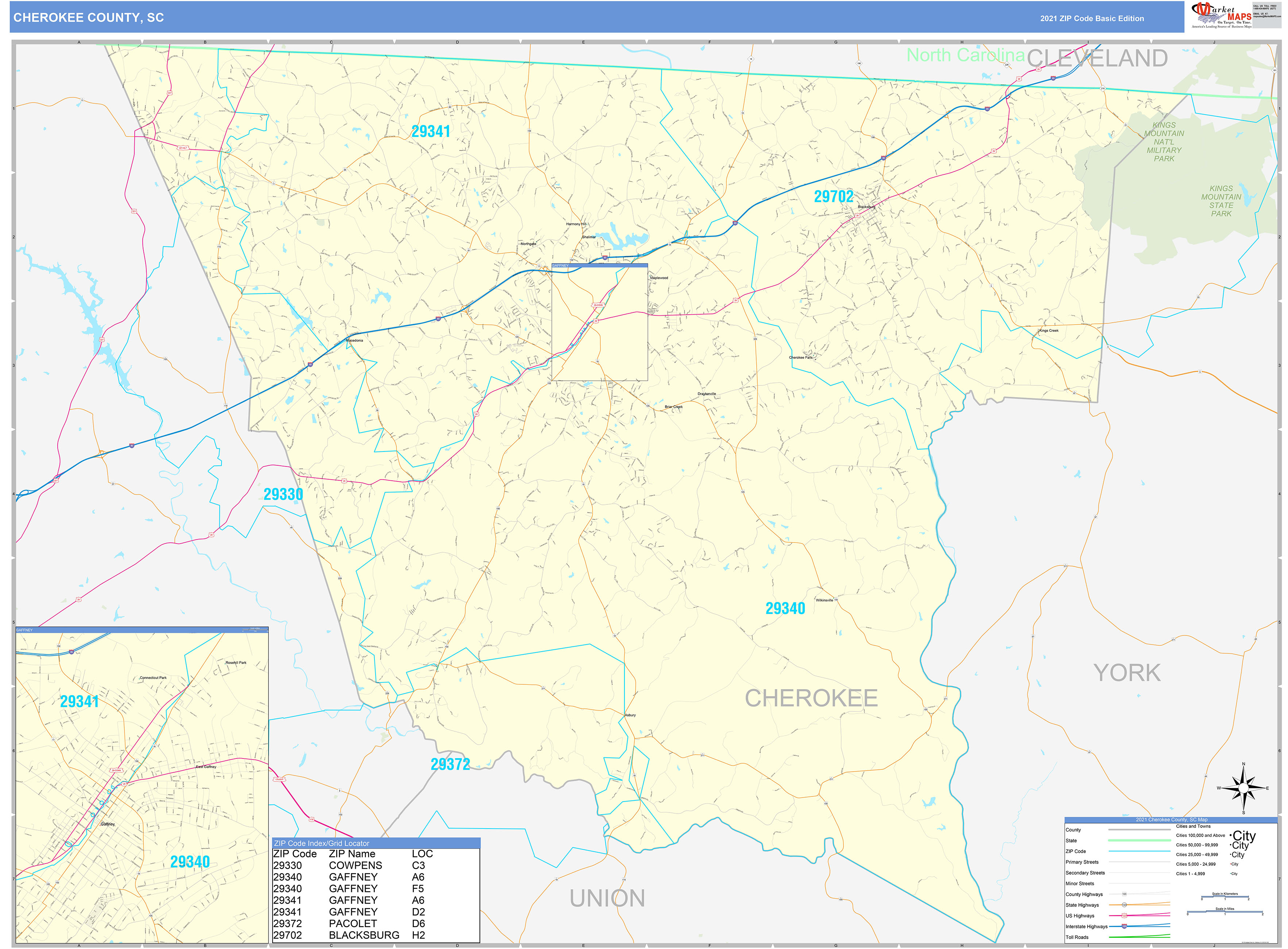 Cherokee County, SC Zip Code Wall Map Basic Style by MarketMAPS MapSales
