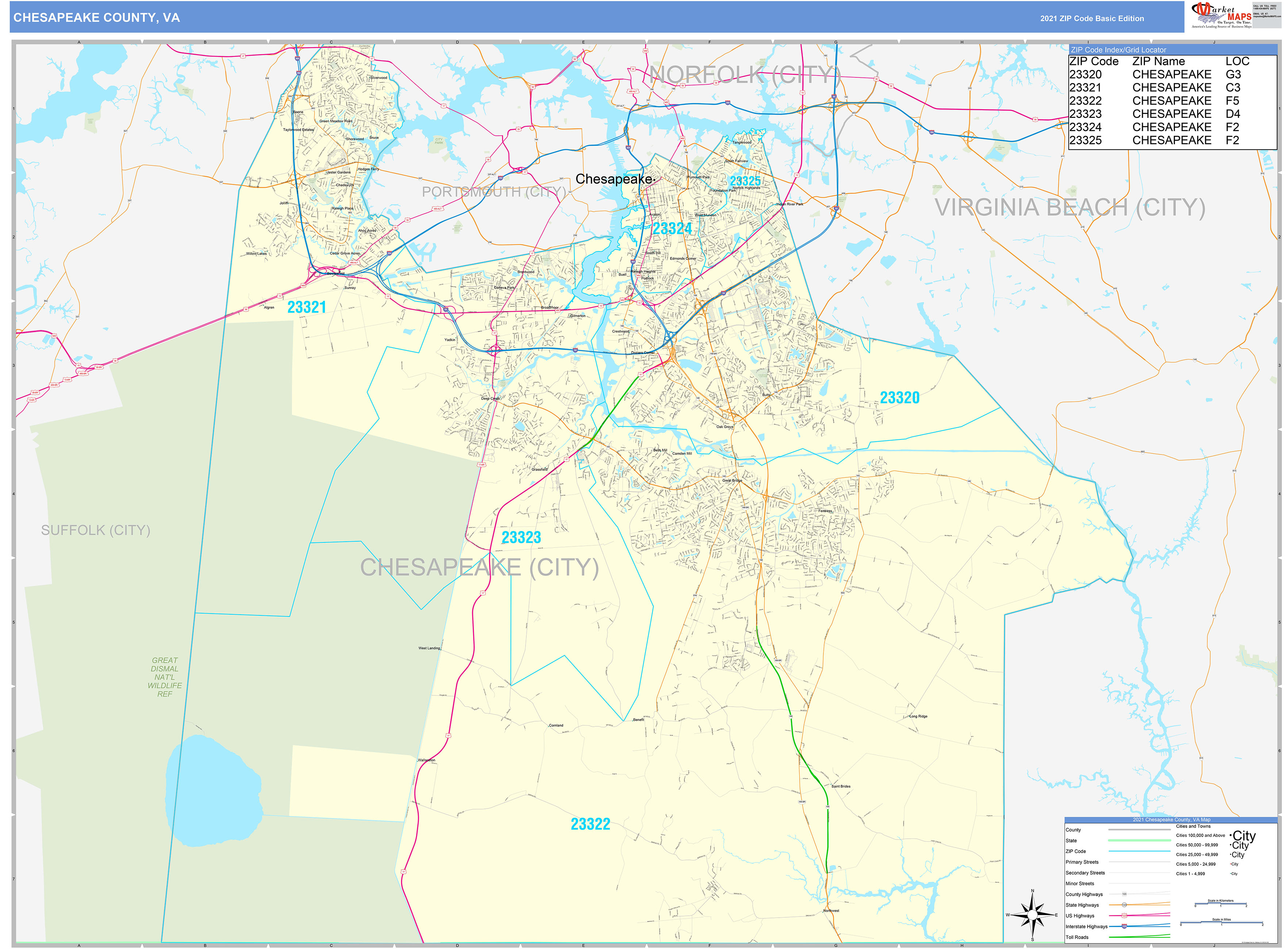 Chesapeake County, VA Zip Code Wall Map Basic Style by MarketMAPS