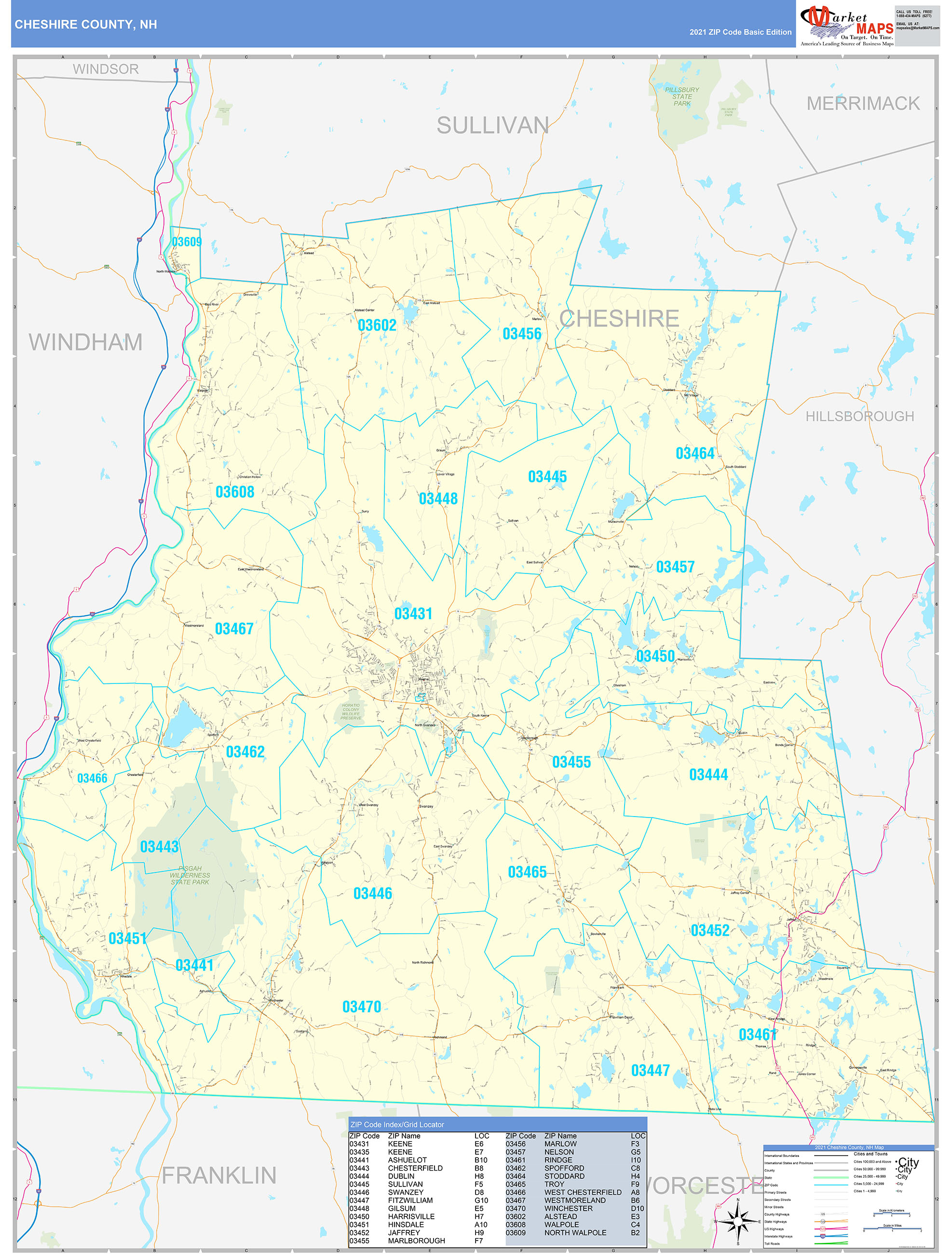 Cheshire County, NH Zip Code Wall Map Basic Style by MarketMAPS MapSales