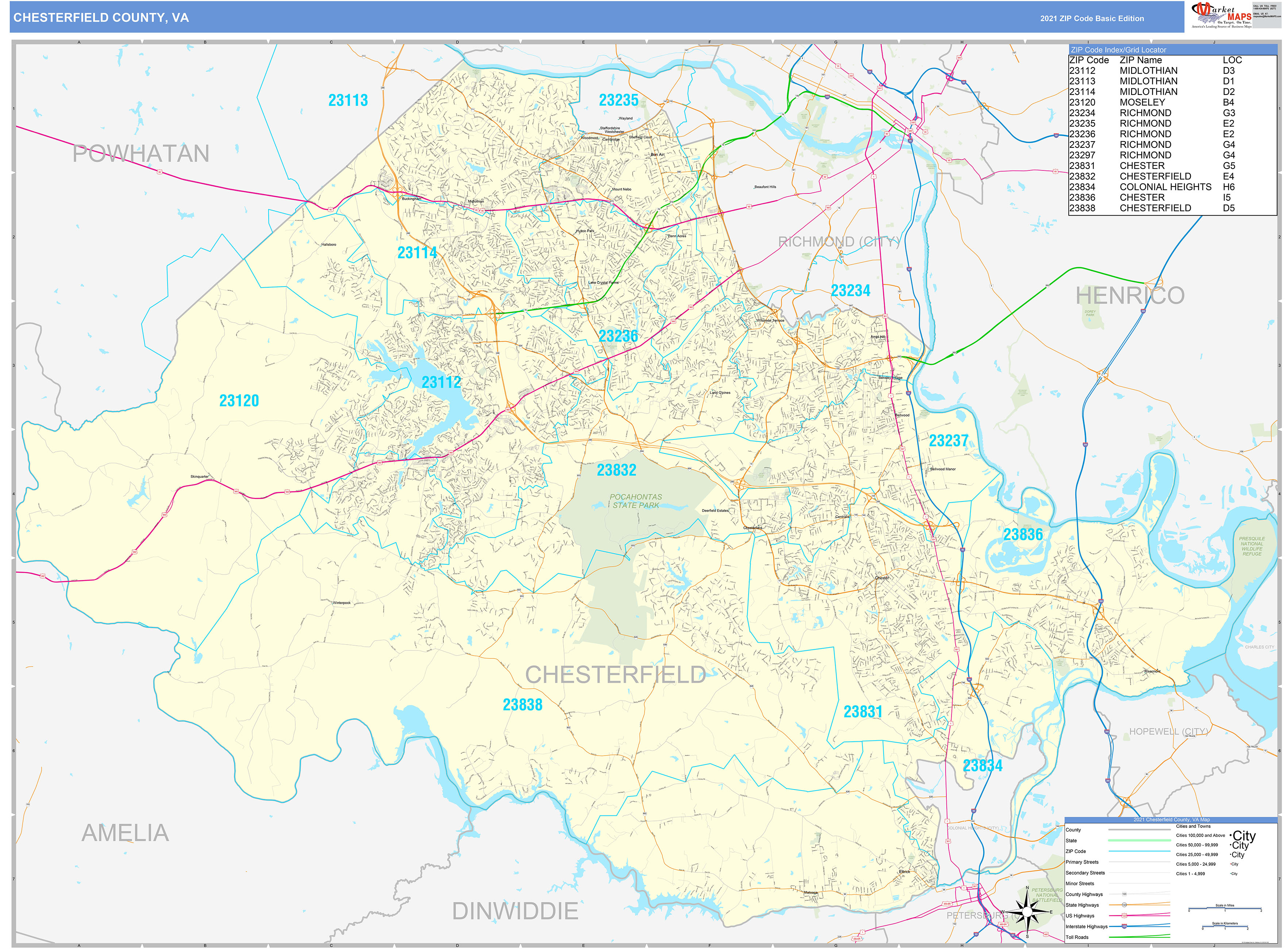Chesterfield County, VA Zip Code Wall Map Basic Style by MarketMAPS