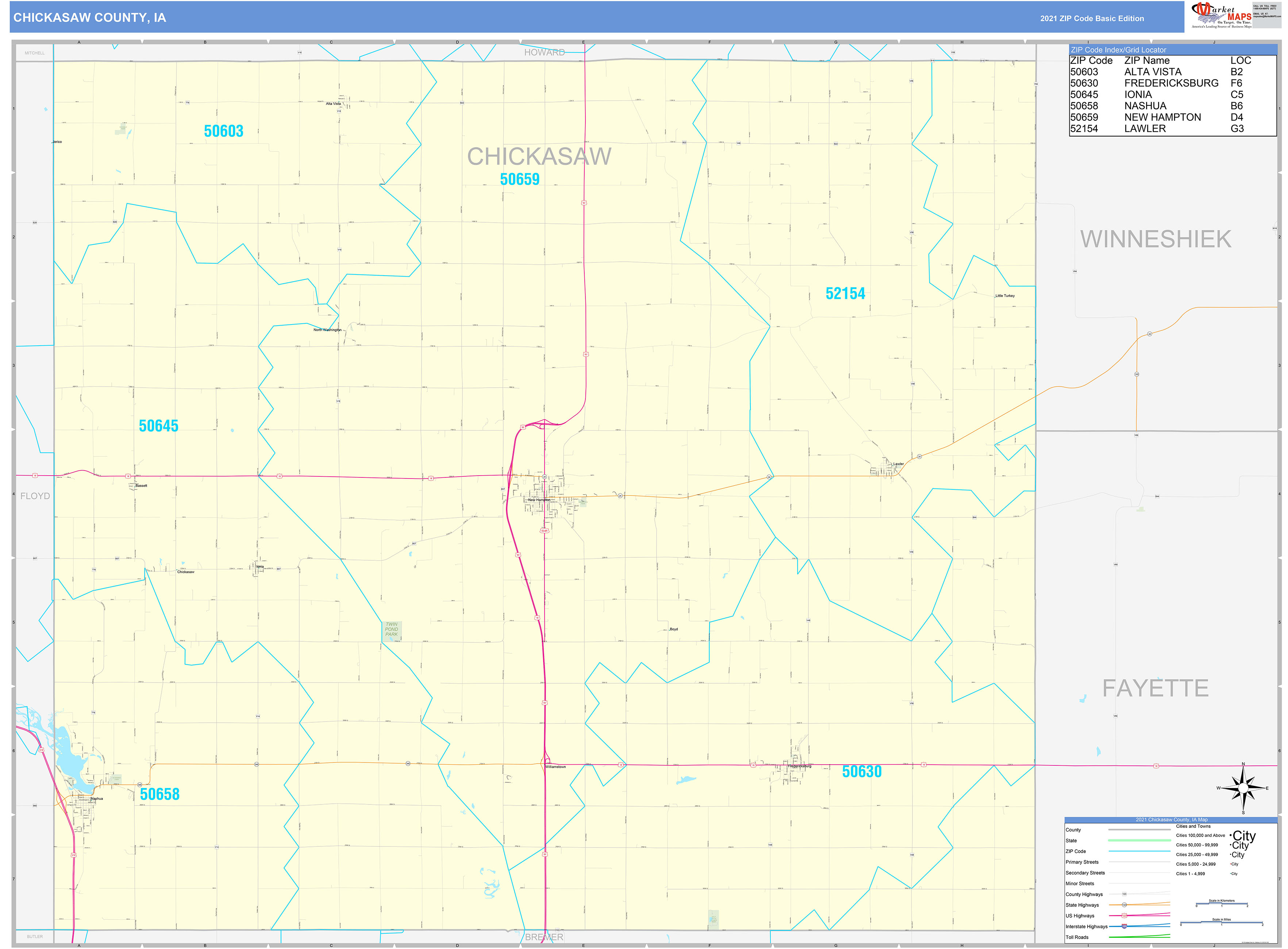 Chickasaw County, IA Zip Code Wall Map Basic Style by MarketMAPS