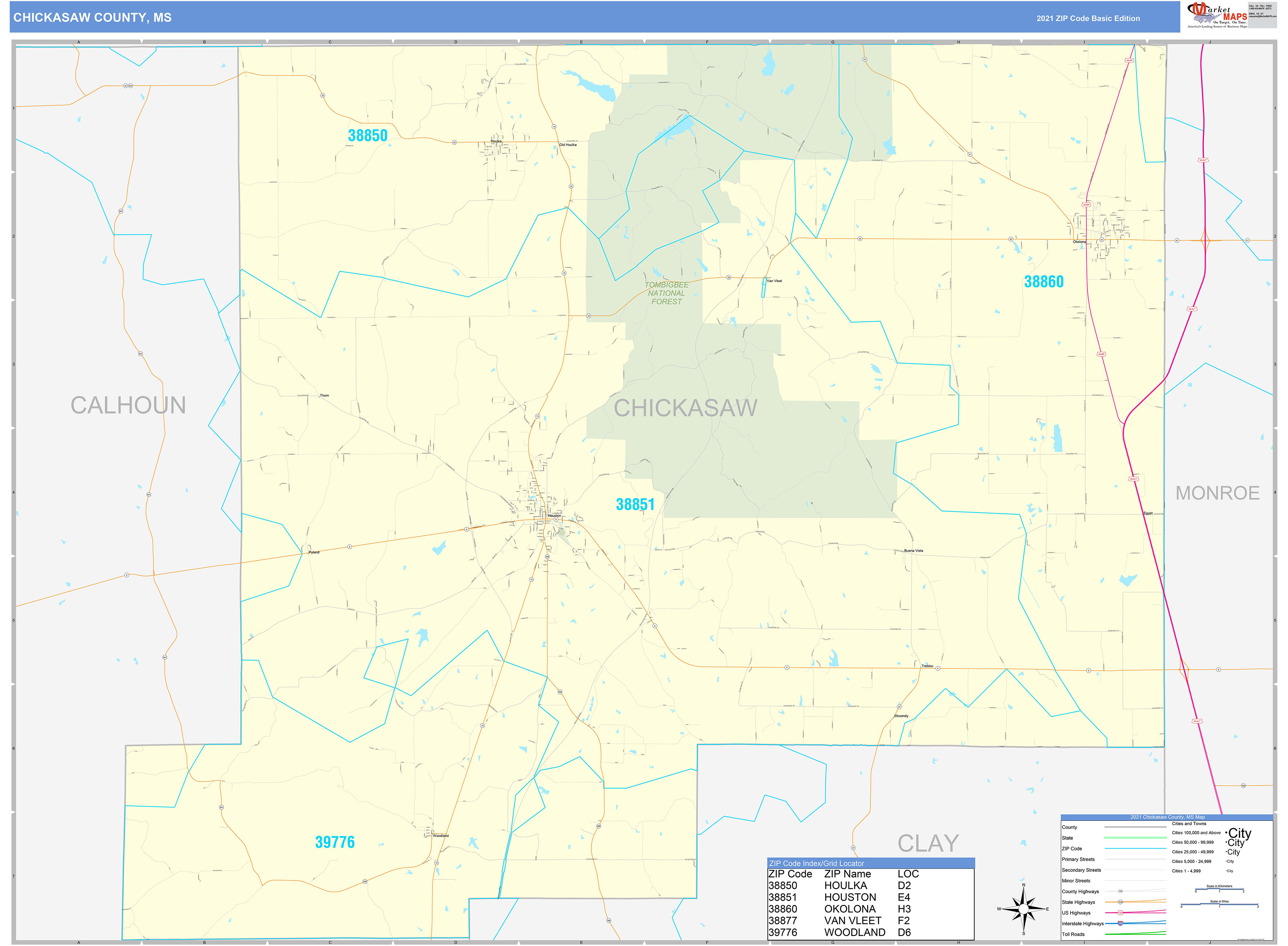 Chickasaw County, MS Zip Code Wall Map Basic Style by MarketMAPS MapSales