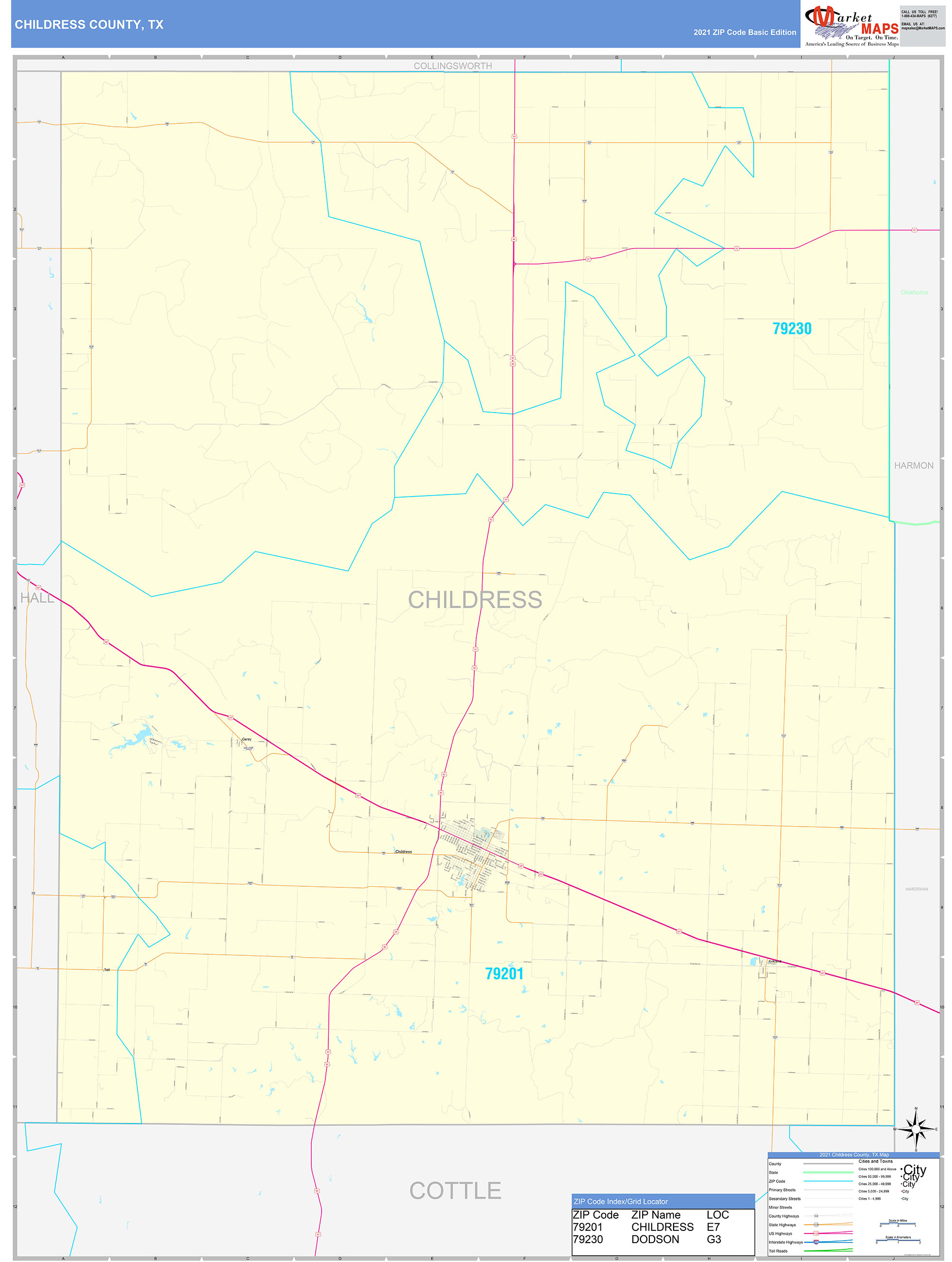 Childress County, TX Zip Code Wall Map Basic Style by MarketMAPS