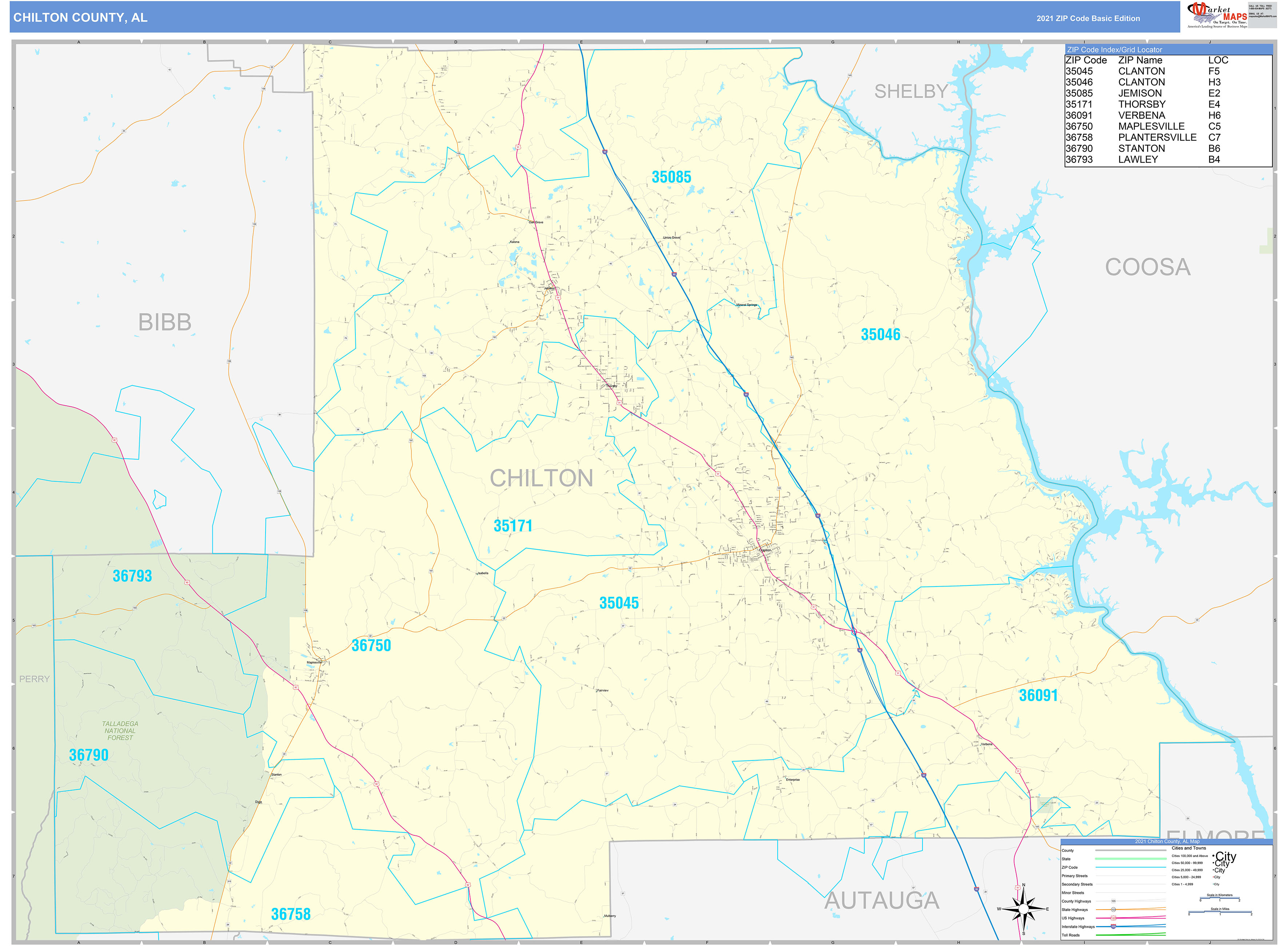 Chilton County, AL Zip Code Wall Map Basic Style by MarketMAPS