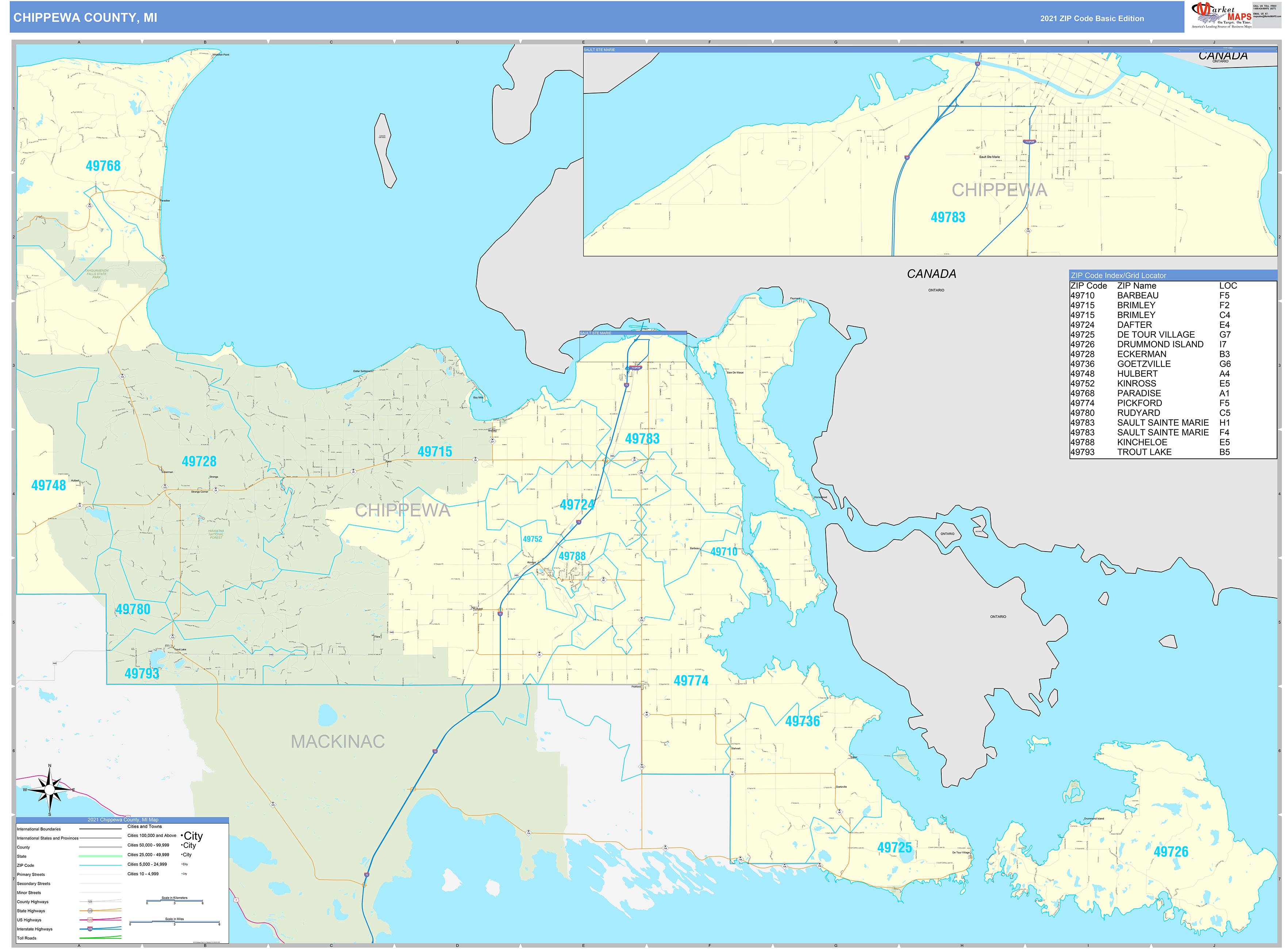 Chippewa County, MI Zip Code Wall Map Basic Style by MarketMAPS MapSales