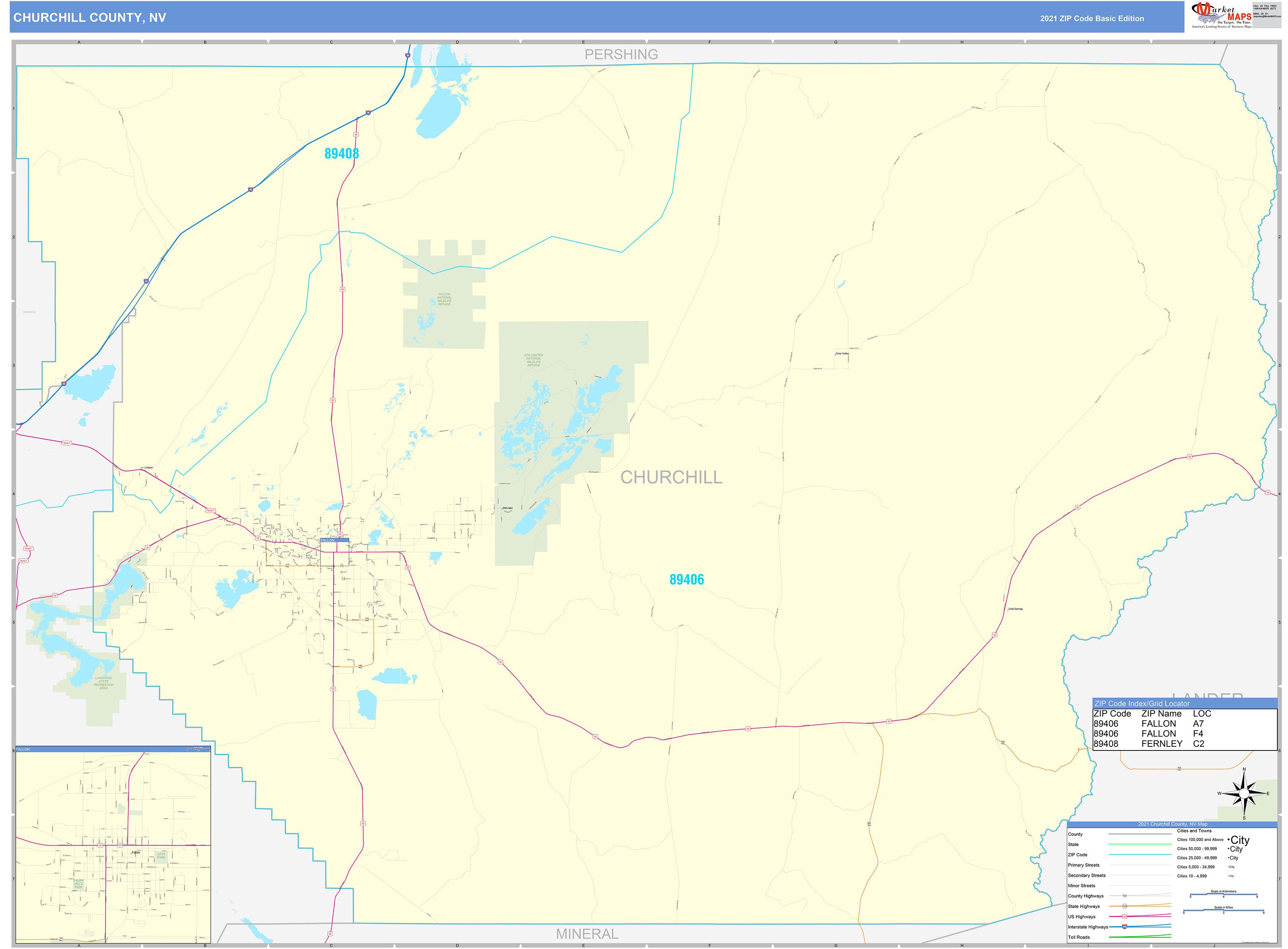 Churchill County, NV Zip Code Wall Map Basic Style by MarketMAPS MapSales