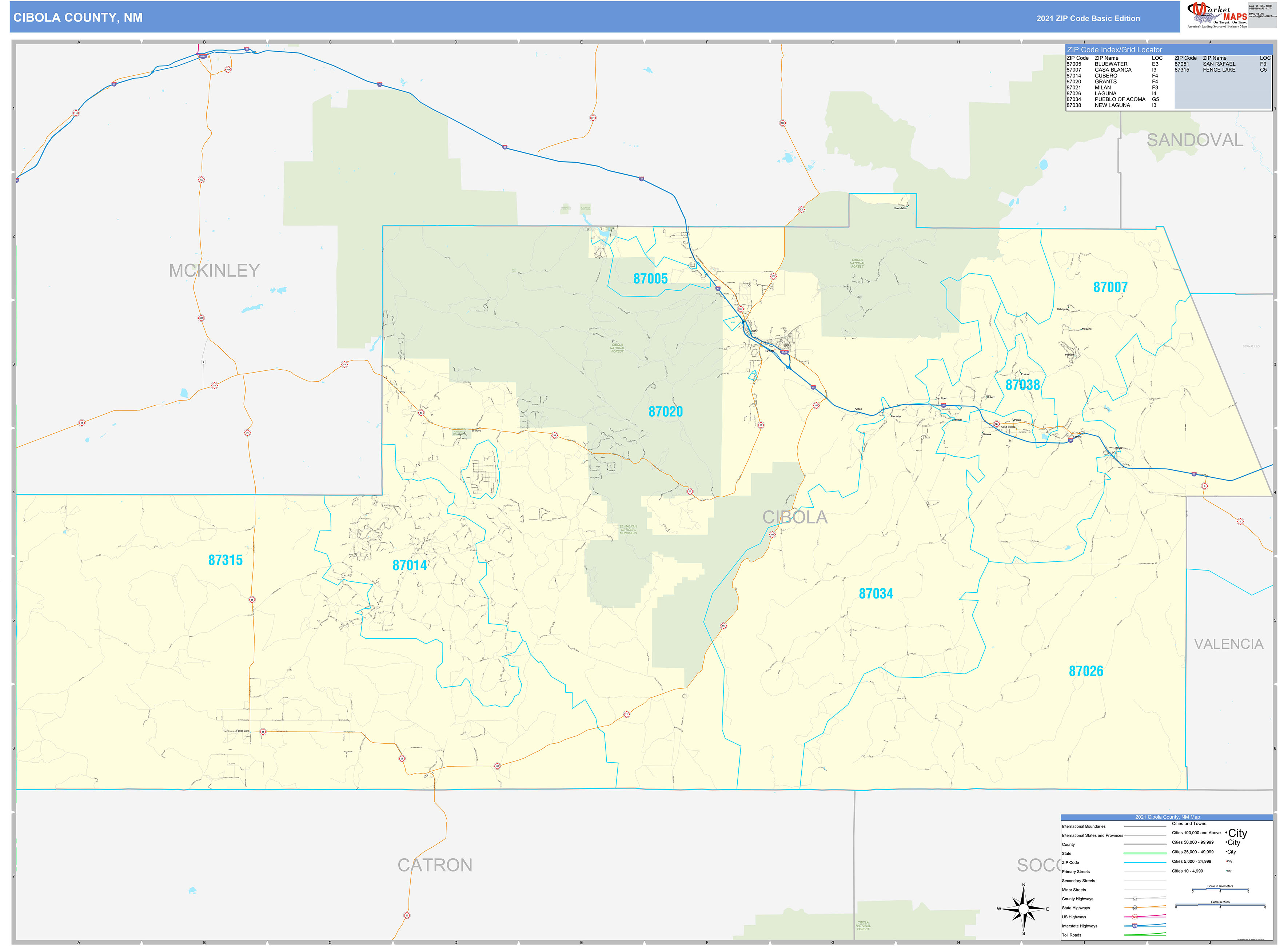 Cibola County, NM Zip Code Wall Map Basic Style by MarketMAPS MapSales