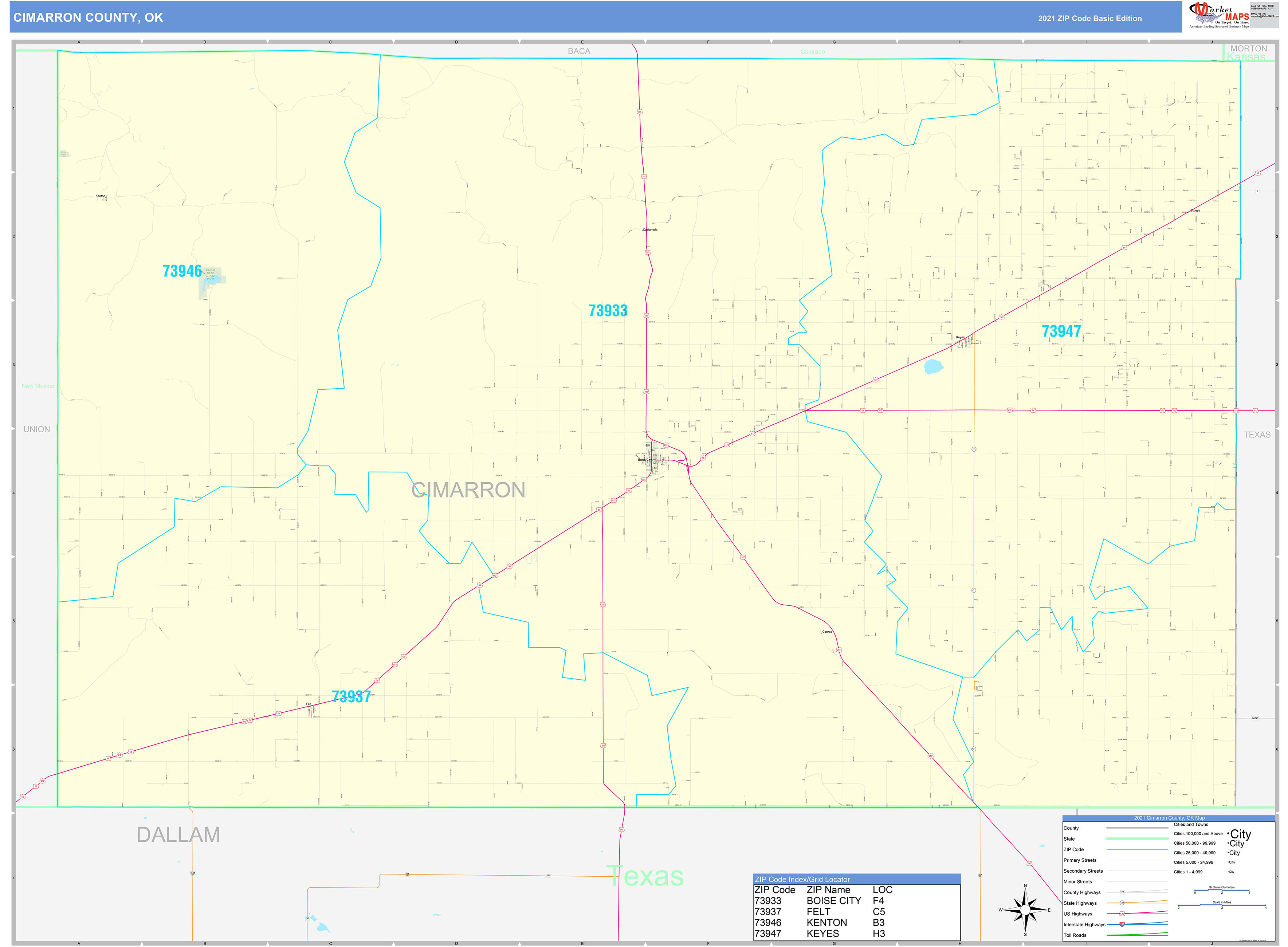 Cimarron County, OK Zip Code Wall Map Basic Style by MarketMAPS