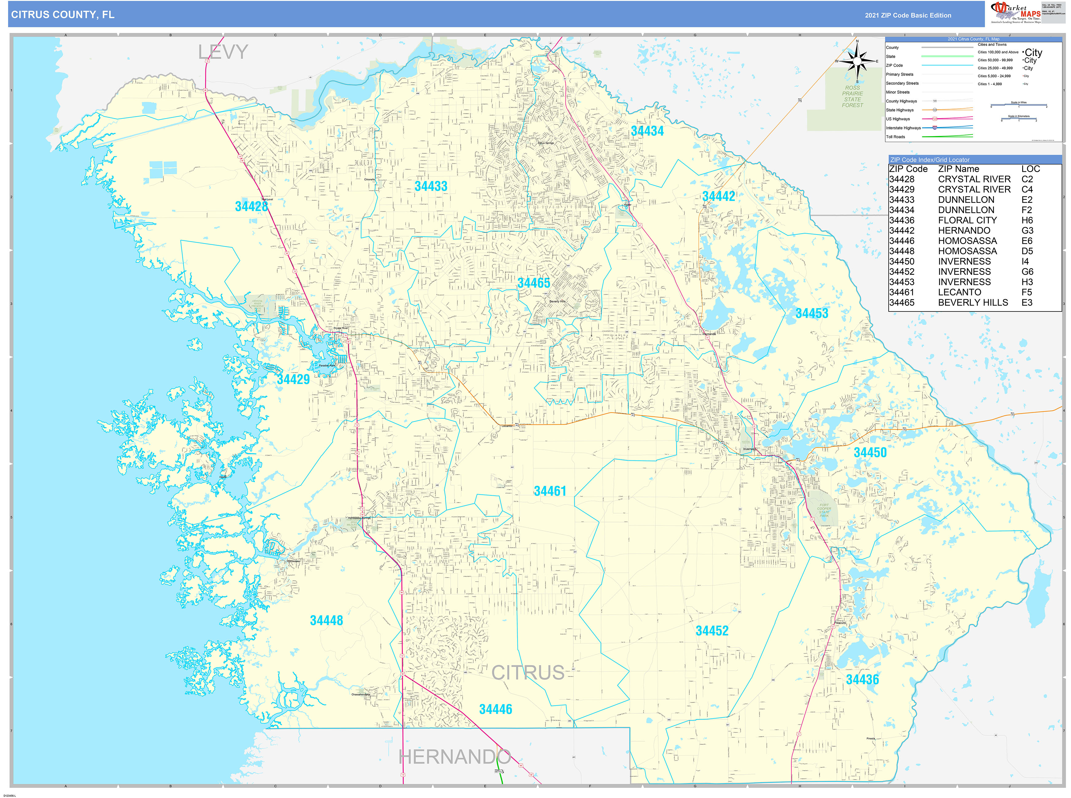 Citrus County, FL Zip Code Wall Map Basic Style by MarketMAPS MapSales