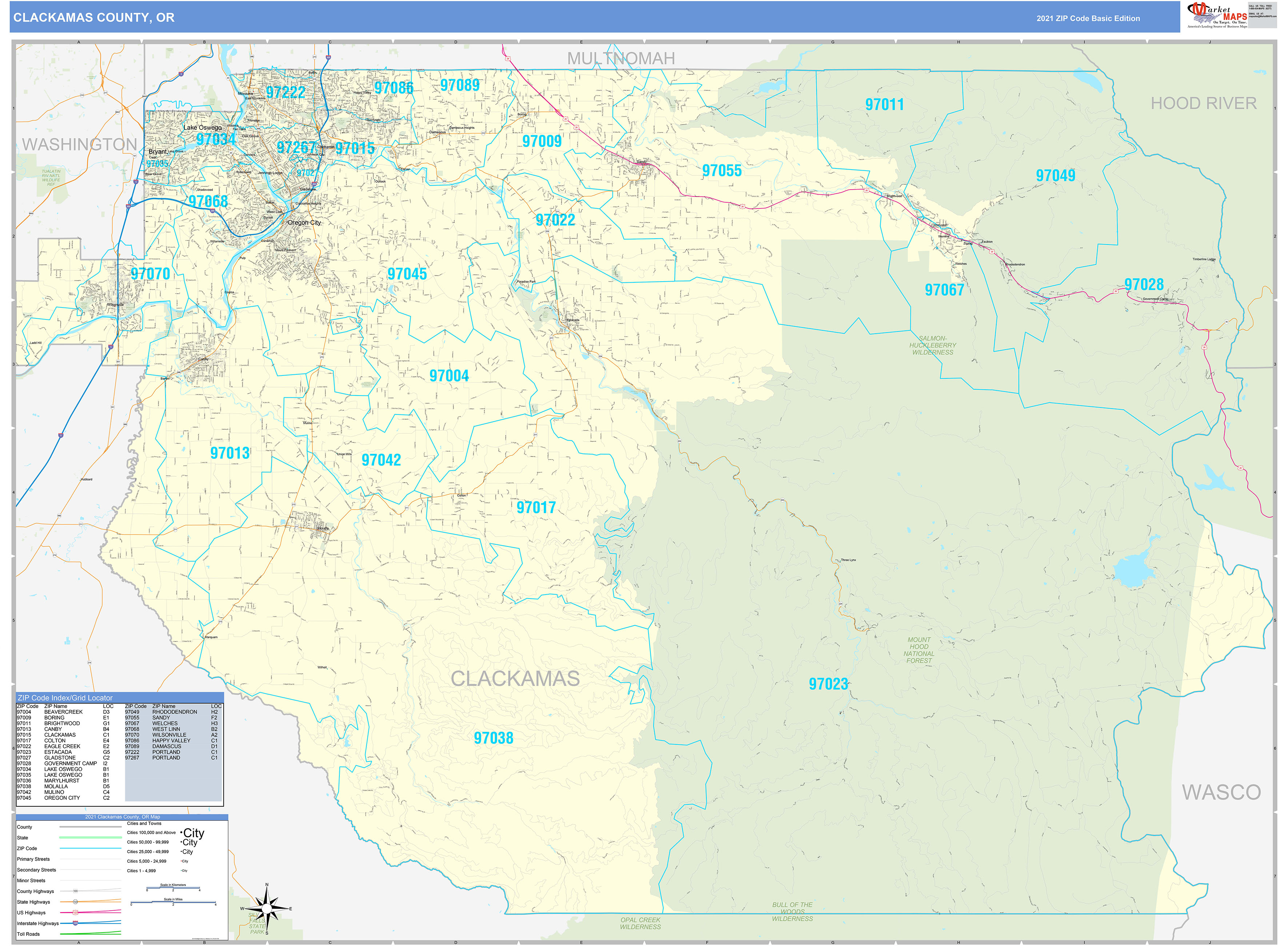 Clackamas County, OR Zip Code Wall Map Basic Style by MarketMAPS MapSales