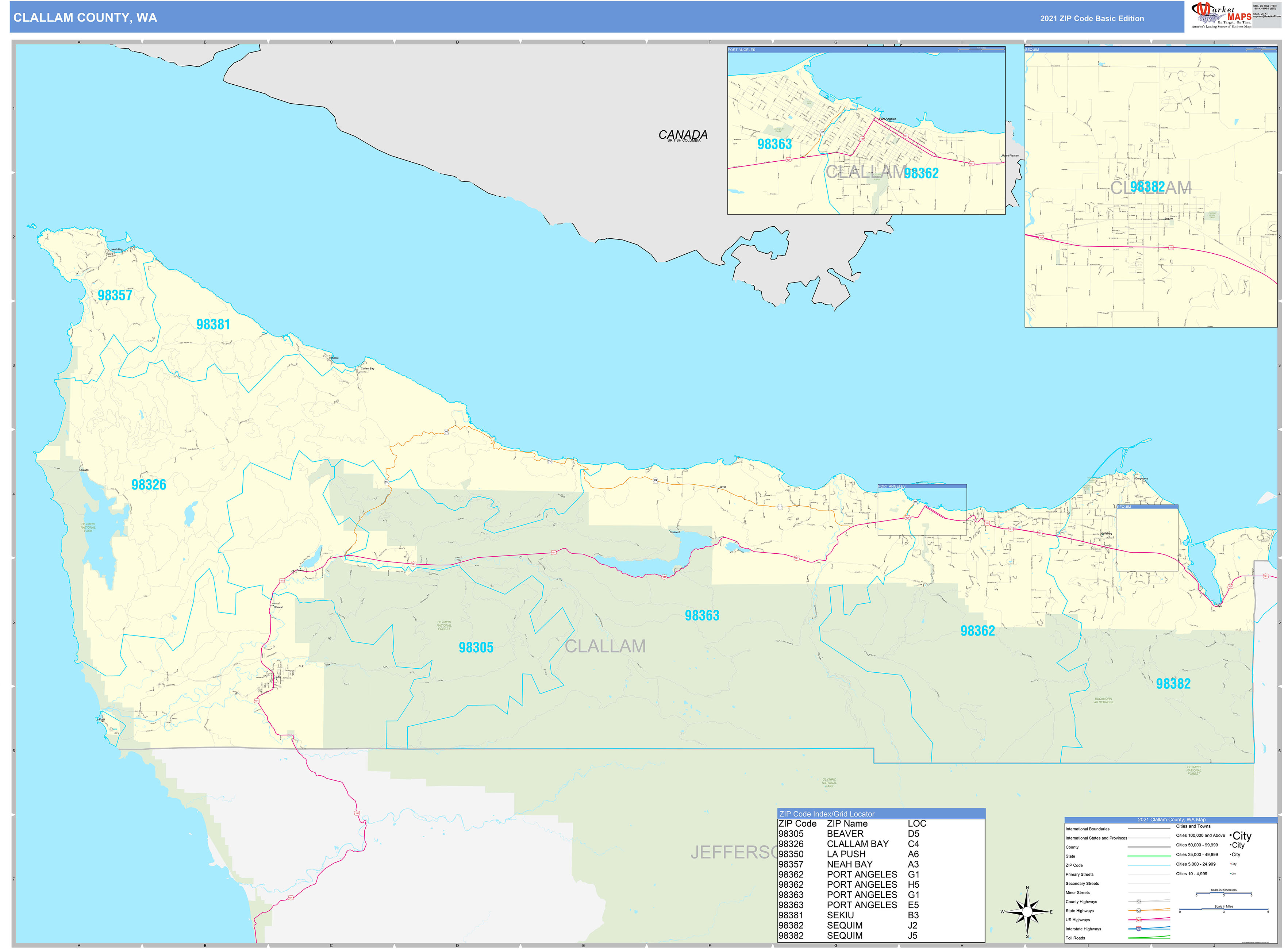 Clallam County, WA Zip Code Wall Map Basic Style by MarketMAPS MapSales