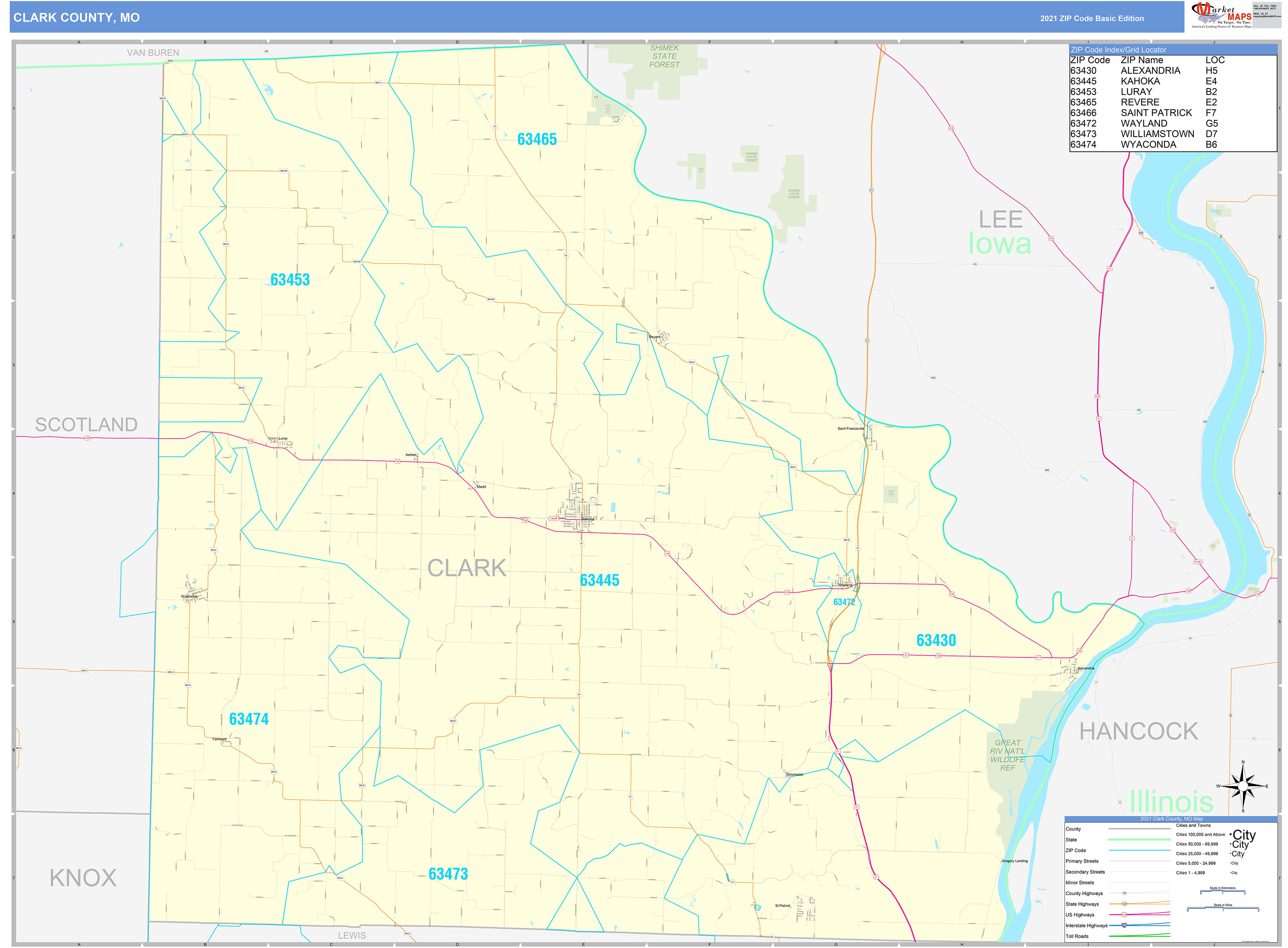 Clark County, MO Zip Code Wall Map Basic Style by MarketMAPS MapSales