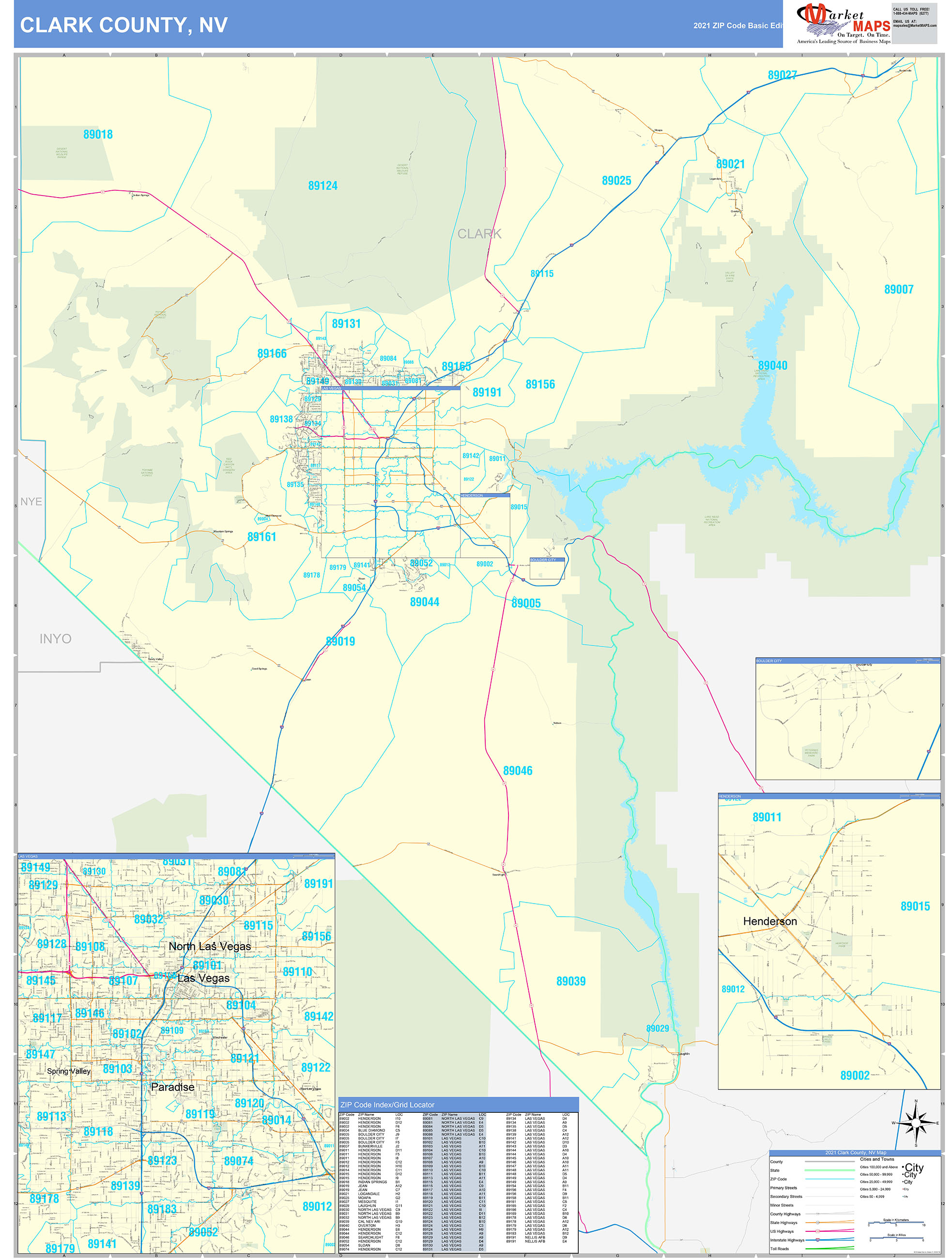 Clark County, NV Zip Code Wall Map Basic Style by MarketMAPS