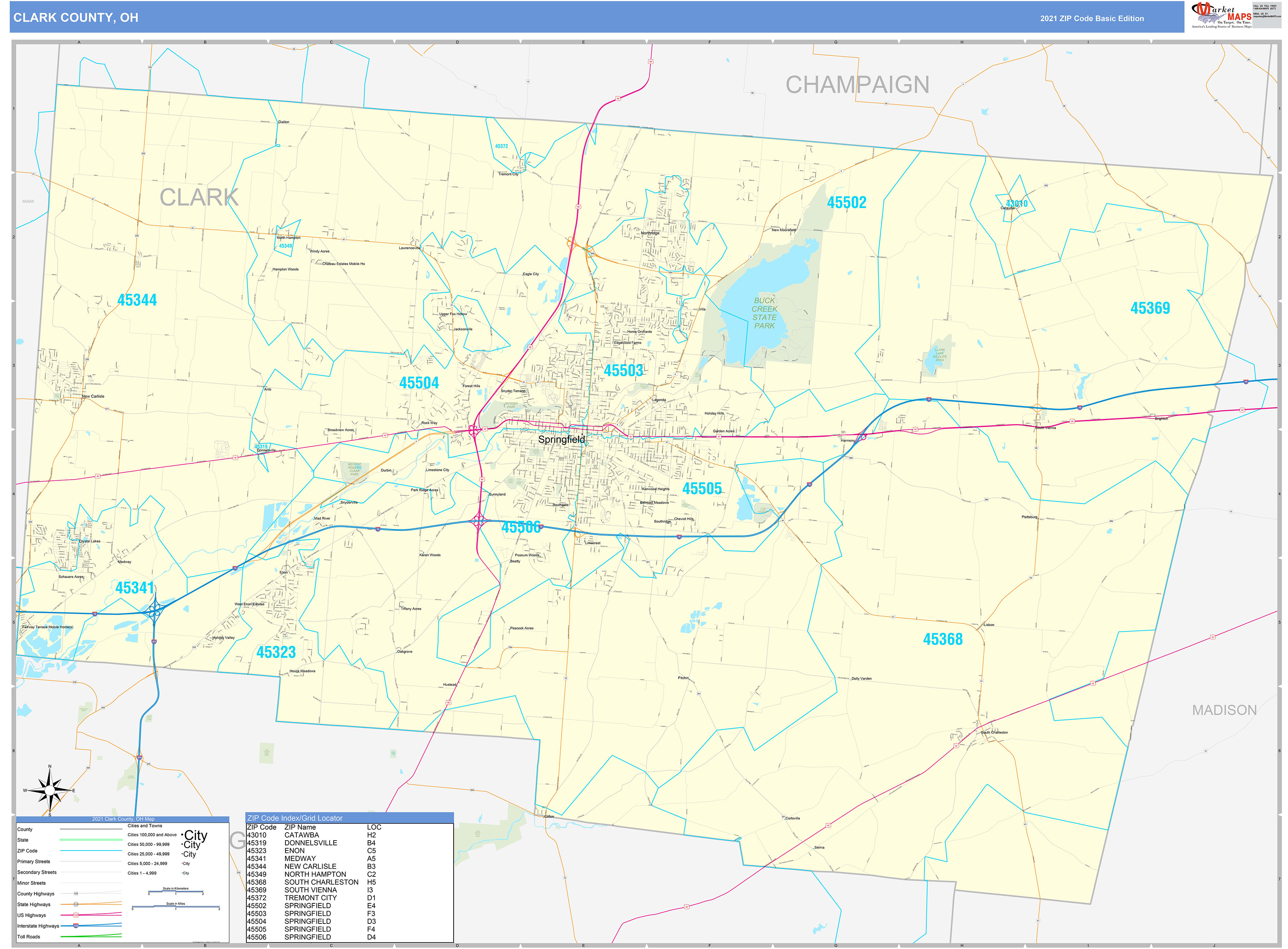 Clark County, OH Zip Code Wall Map Basic Style by MarketMAPS MapSales