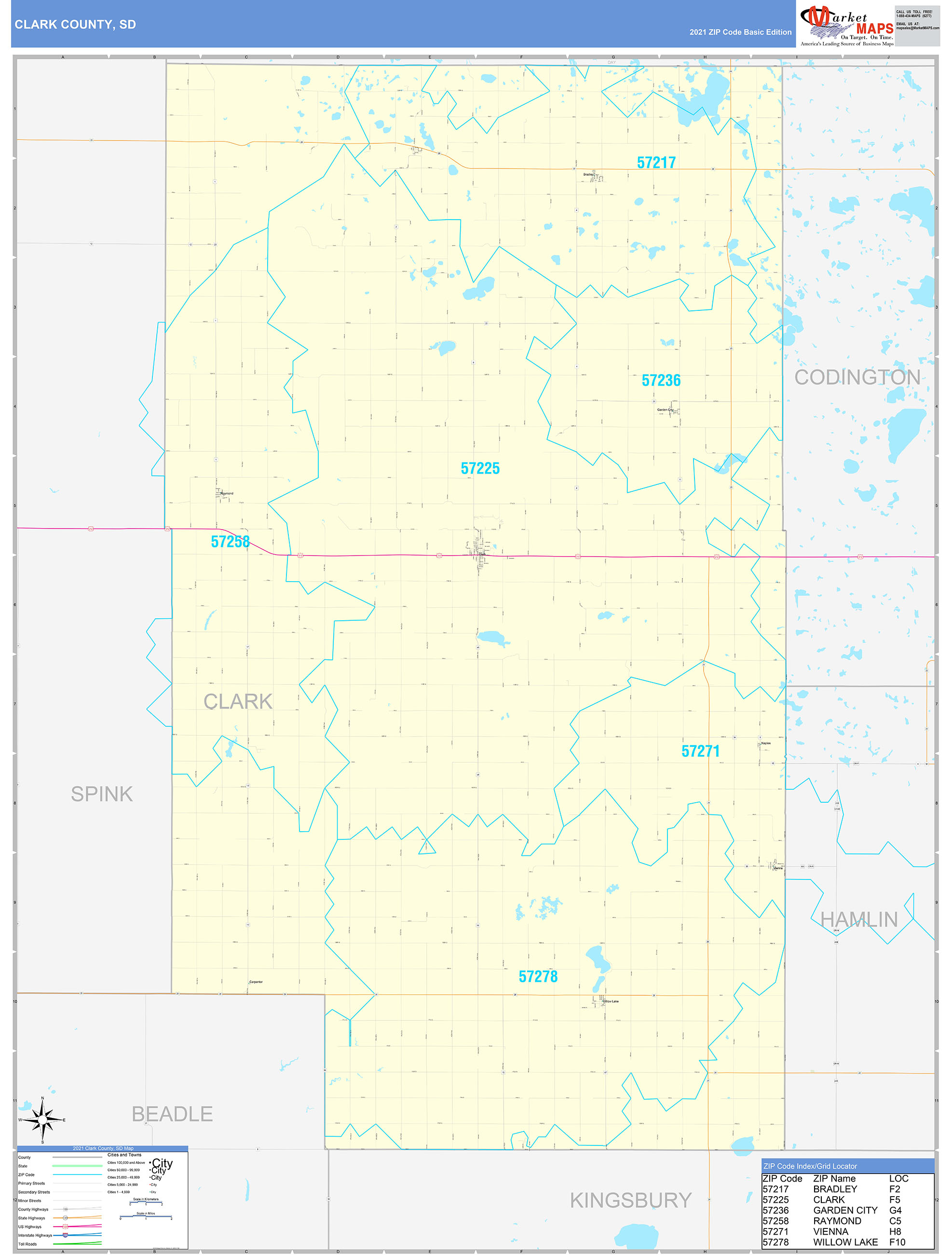 Clark County, SD Zip Code Wall Map Basic Style by MarketMAPS MapSales