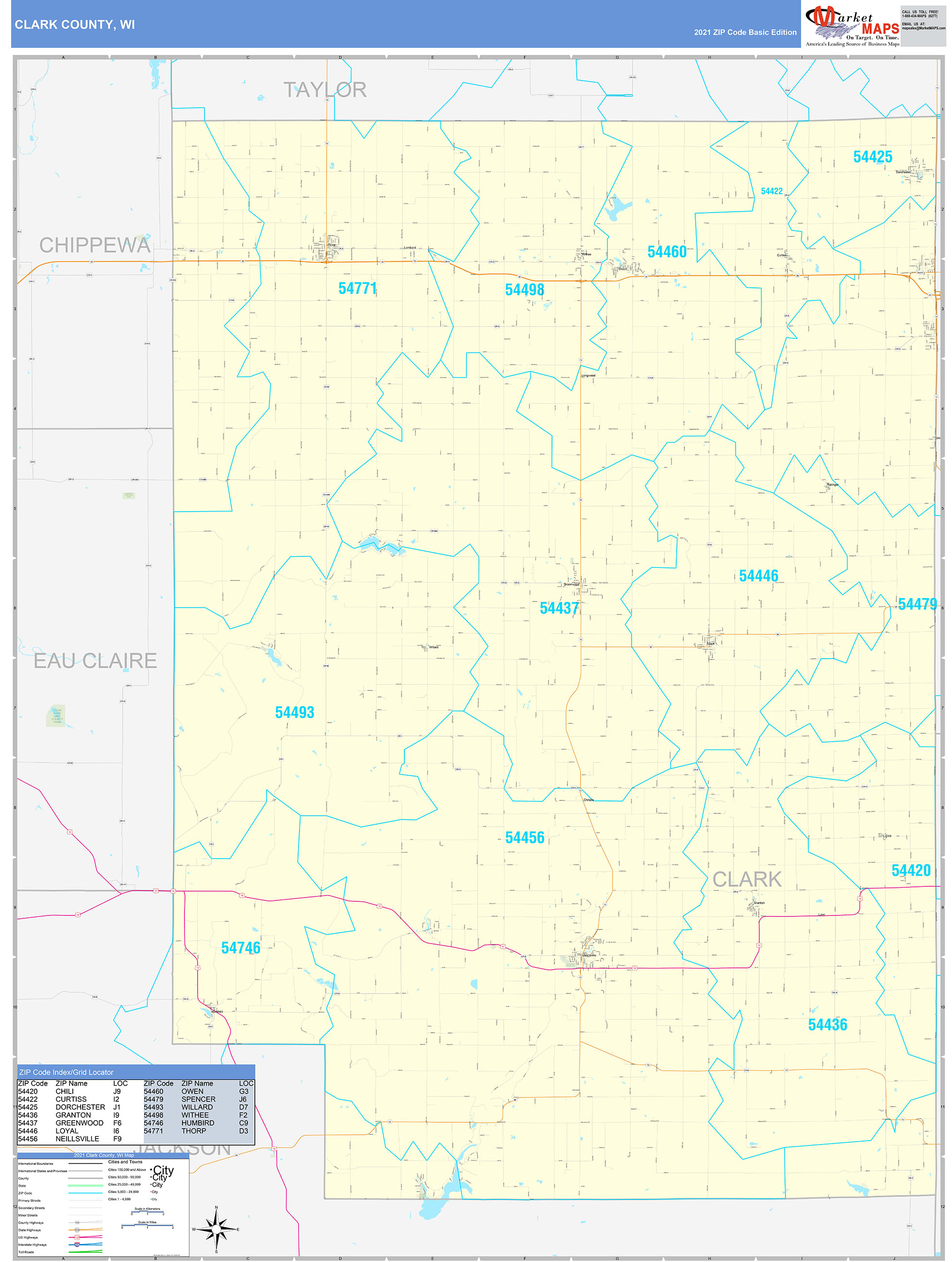 Clark County, WI Zip Code Wall Map Basic Style by MarketMAPS MapSales