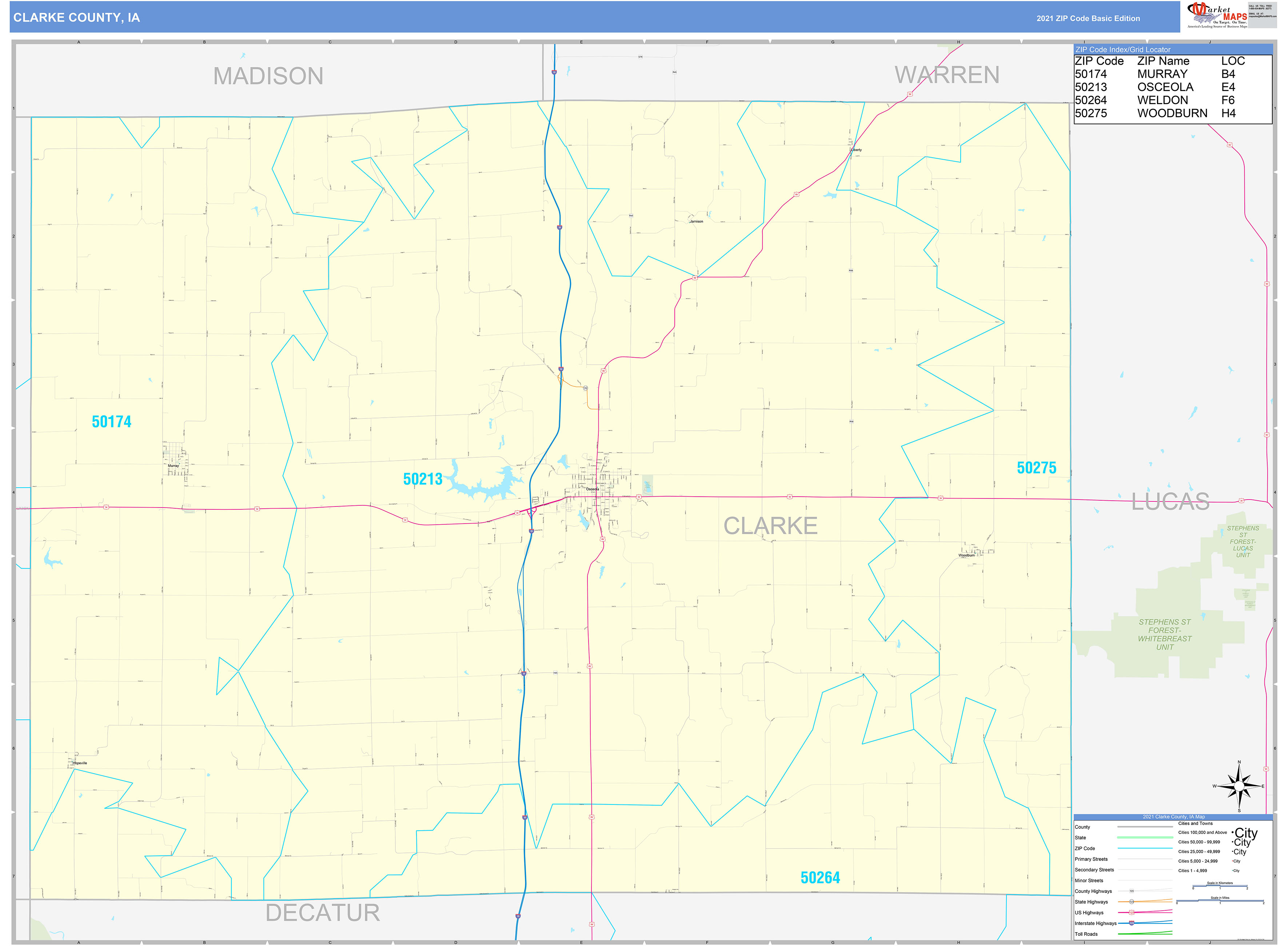 Clarke County, IA Zip Code Wall Map Basic Style by MarketMAPS