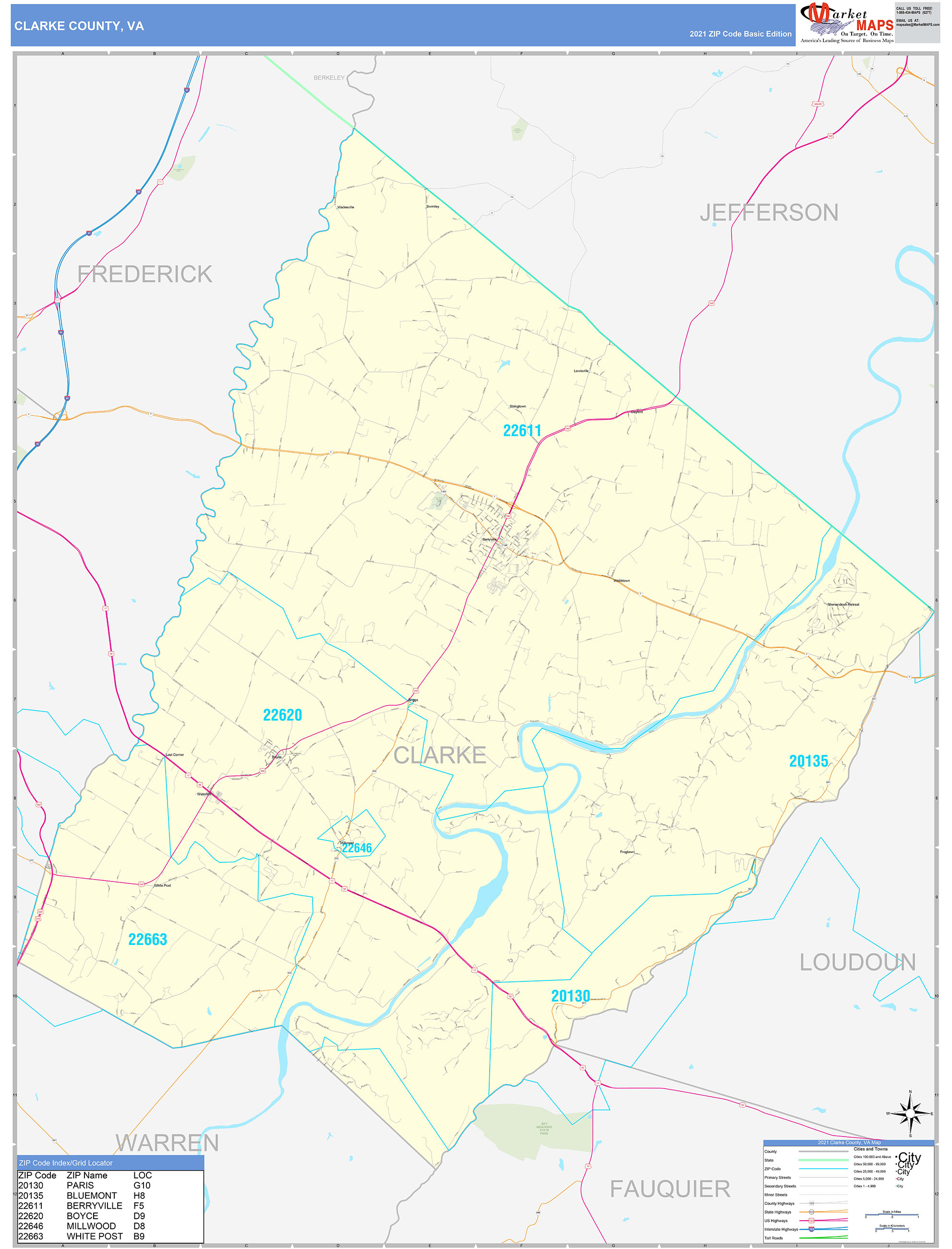 Clarke County, VA Zip Code Wall Map Basic Style by MarketMAPS MapSales