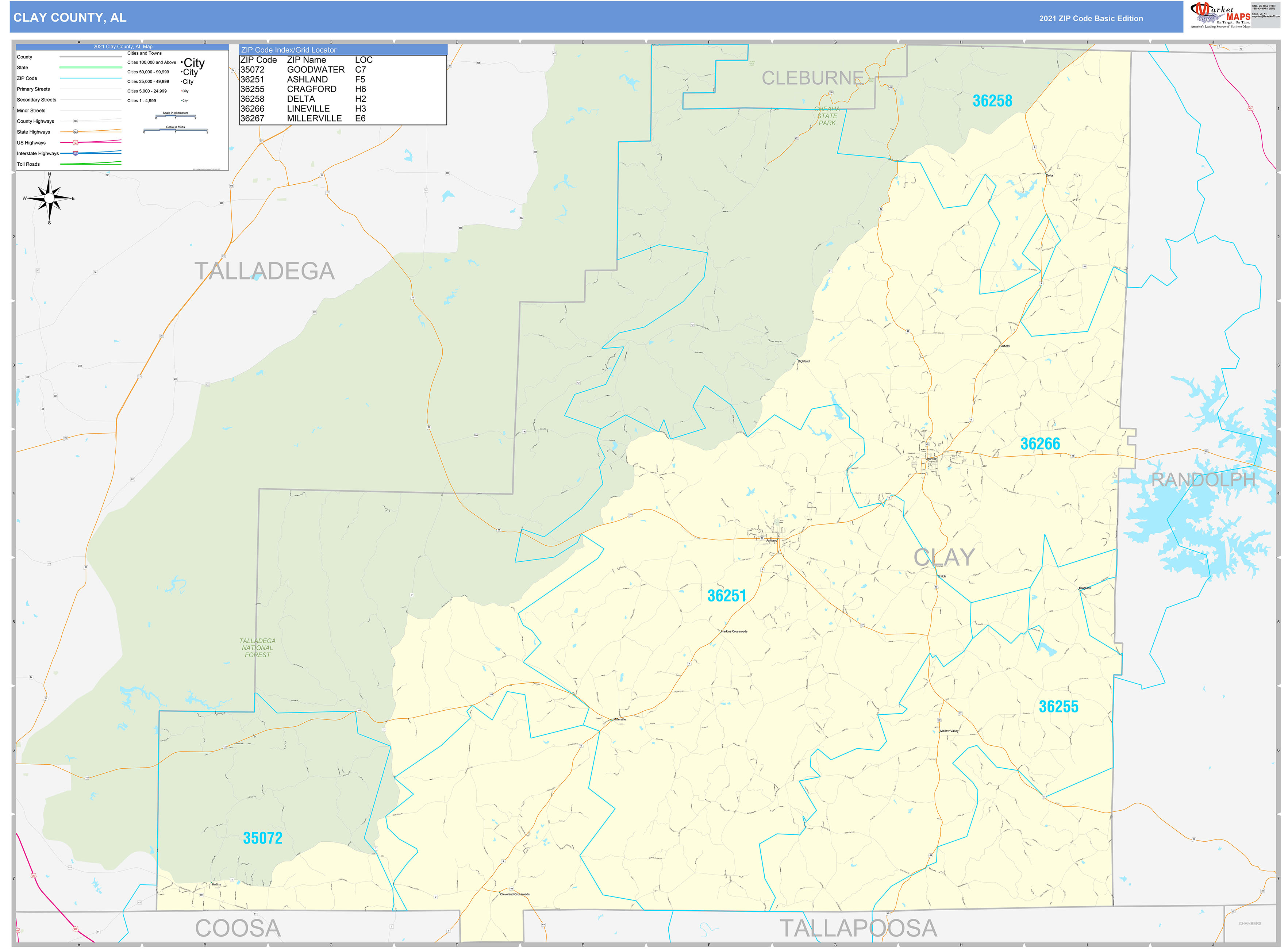 Clay County, AL Zip Code Wall Map Basic Style by MarketMAPS