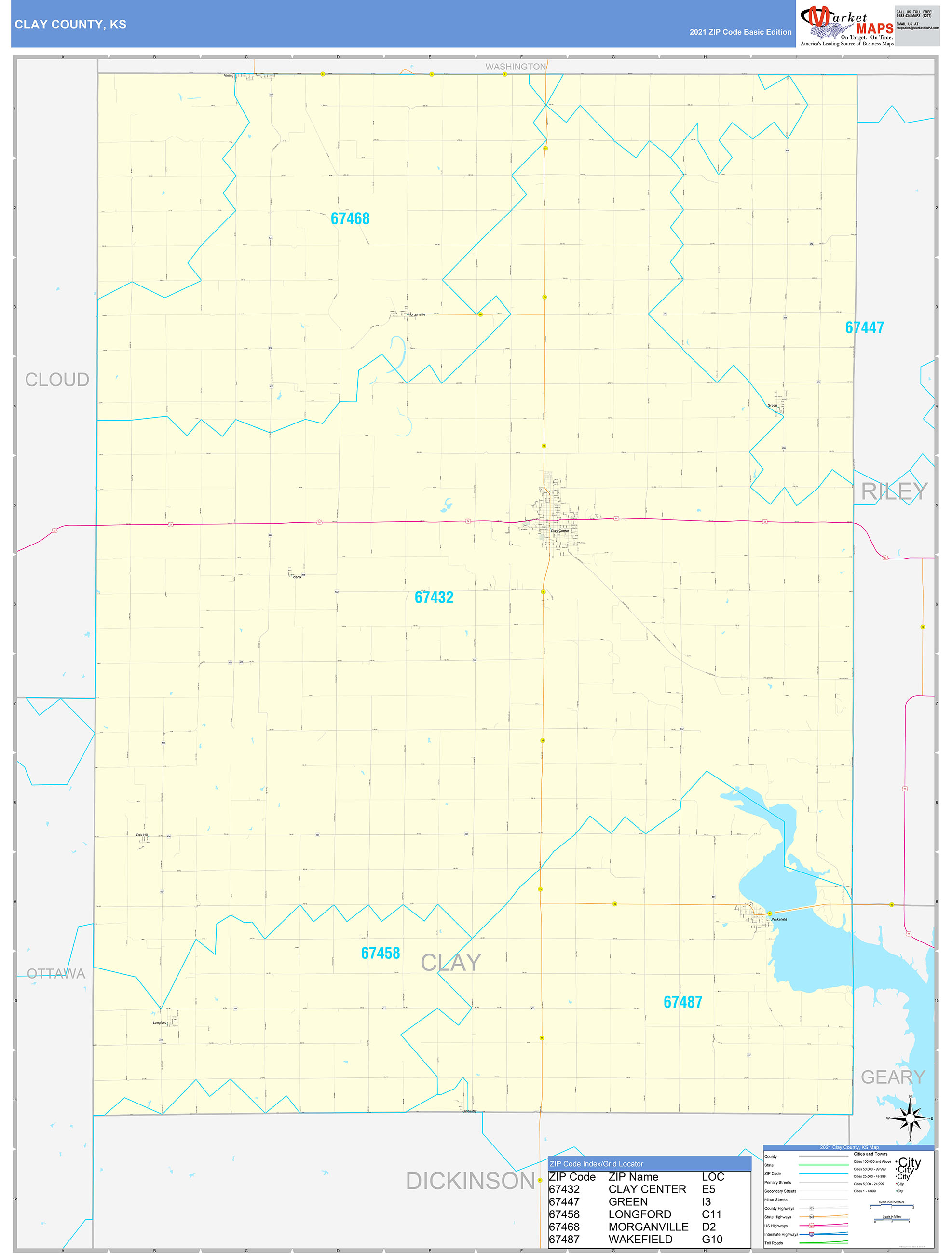 Clay County, KS Zip Code Wall Map Basic Style by MarketMAPS