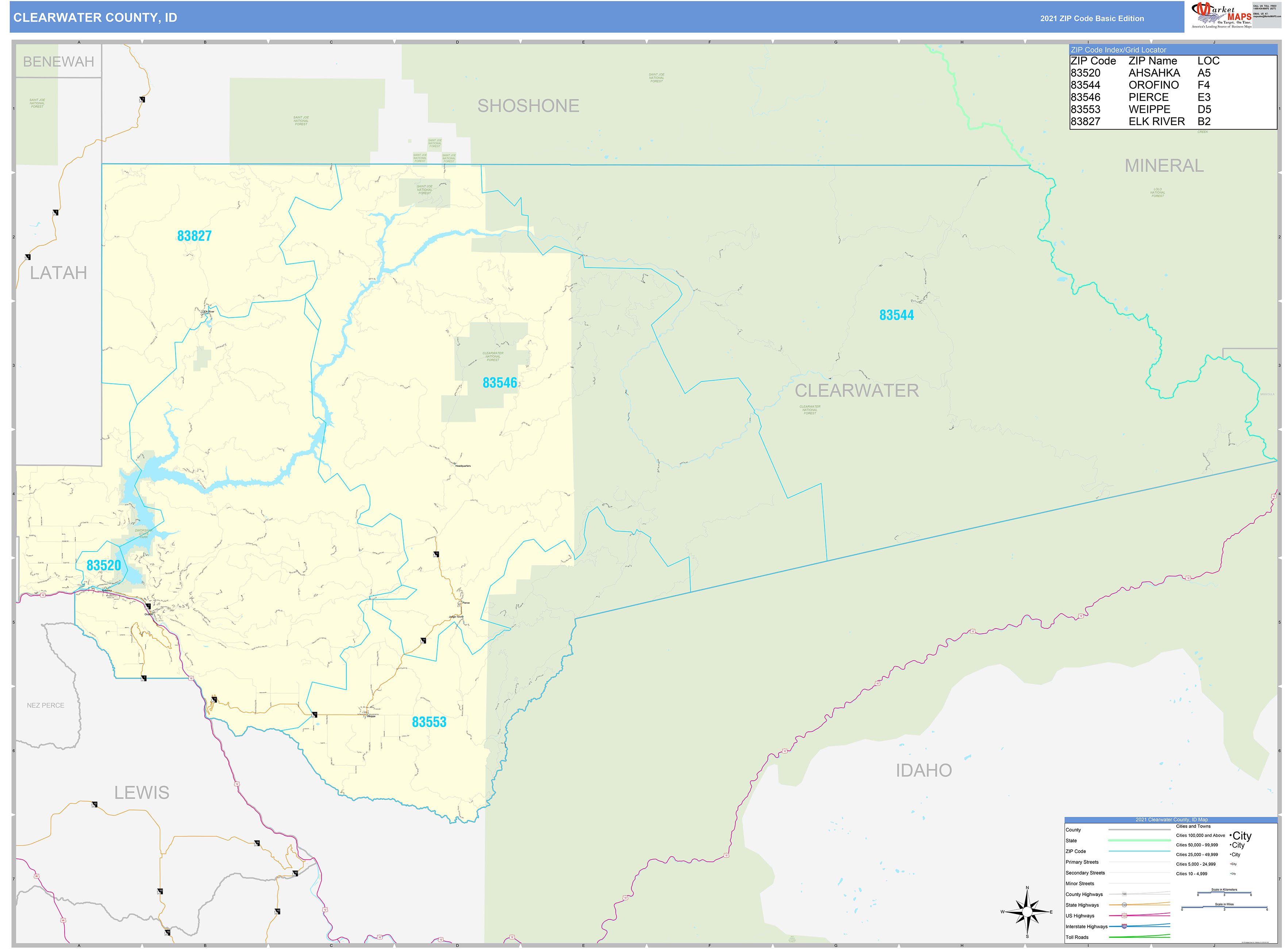Clearwater County, ID Zip Code Wall Map Basic Style by MarketMAPS