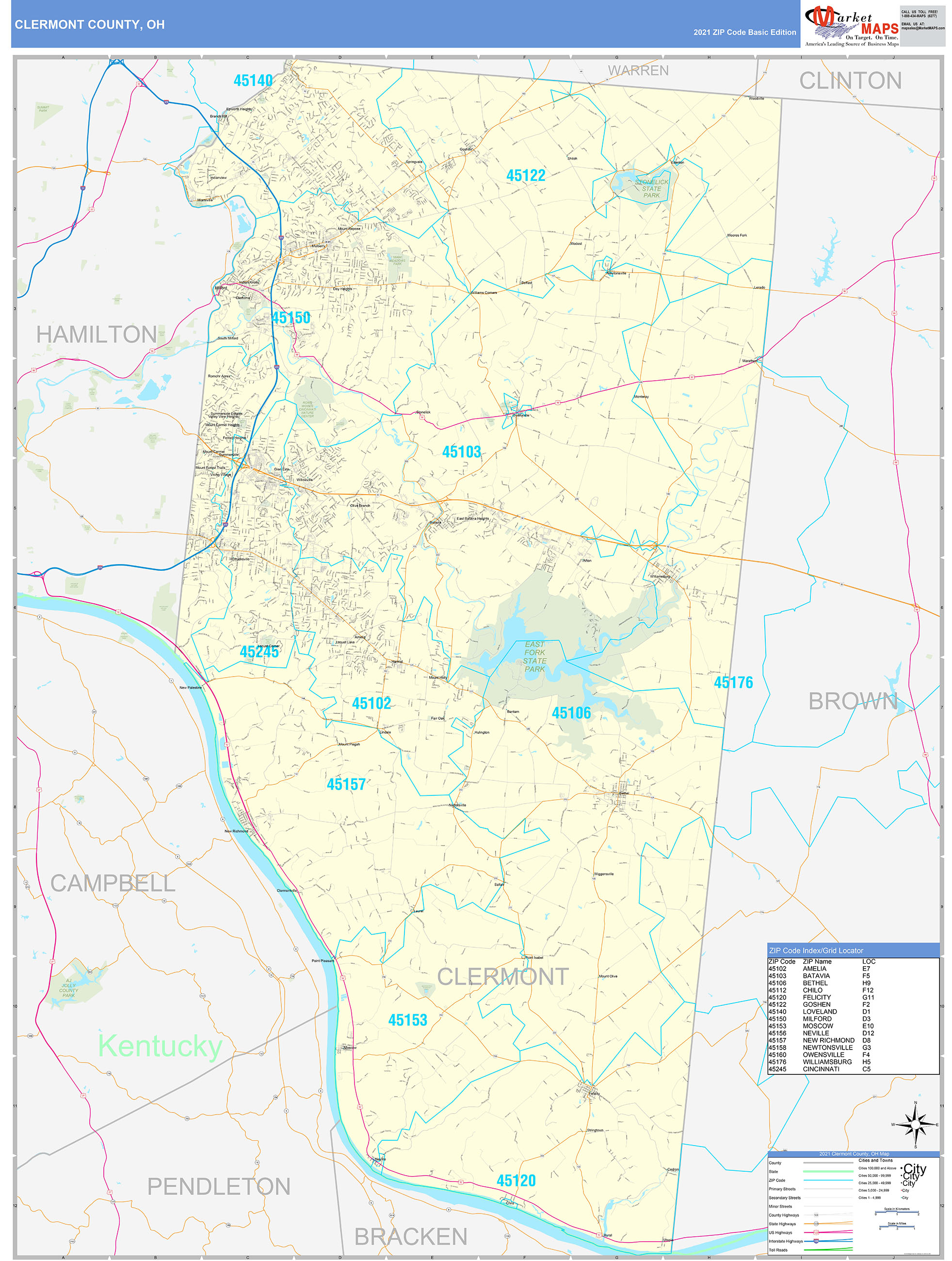 Clermont County, OH Zip Code Wall Map Basic Style by MarketMAPS  MapSales