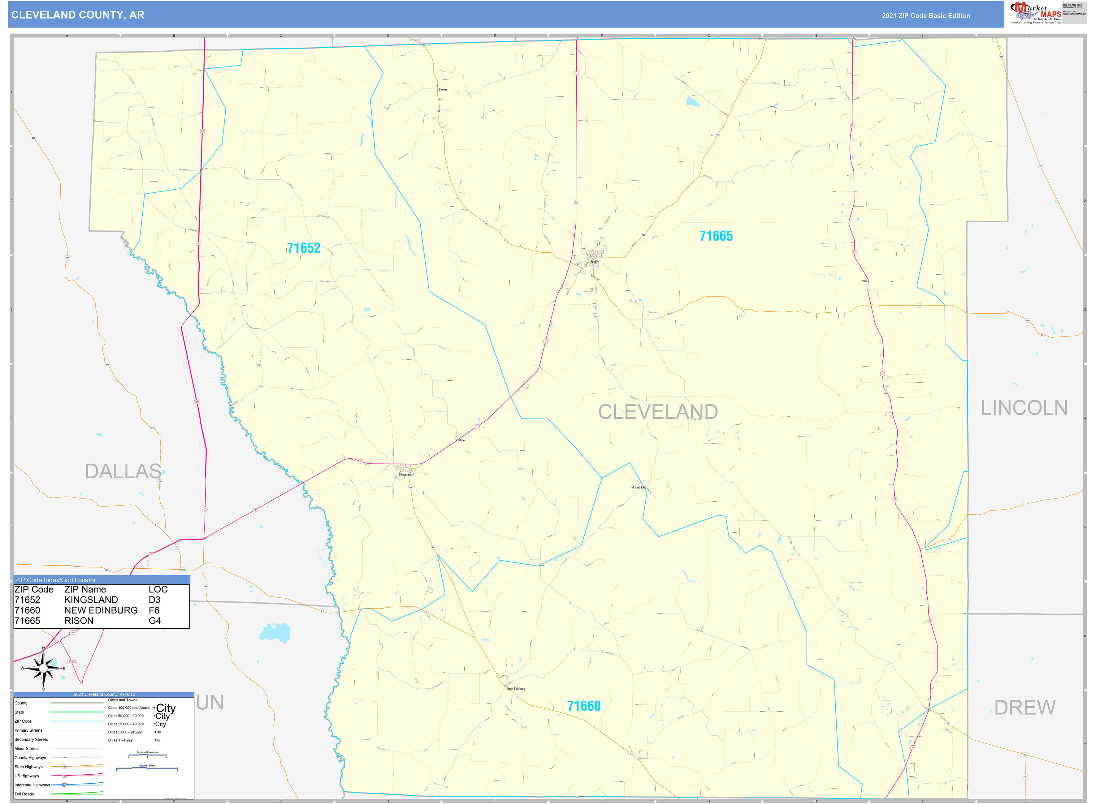 Cleveland County, AR Zip Code Wall Map Basic Style by MarketMAPS