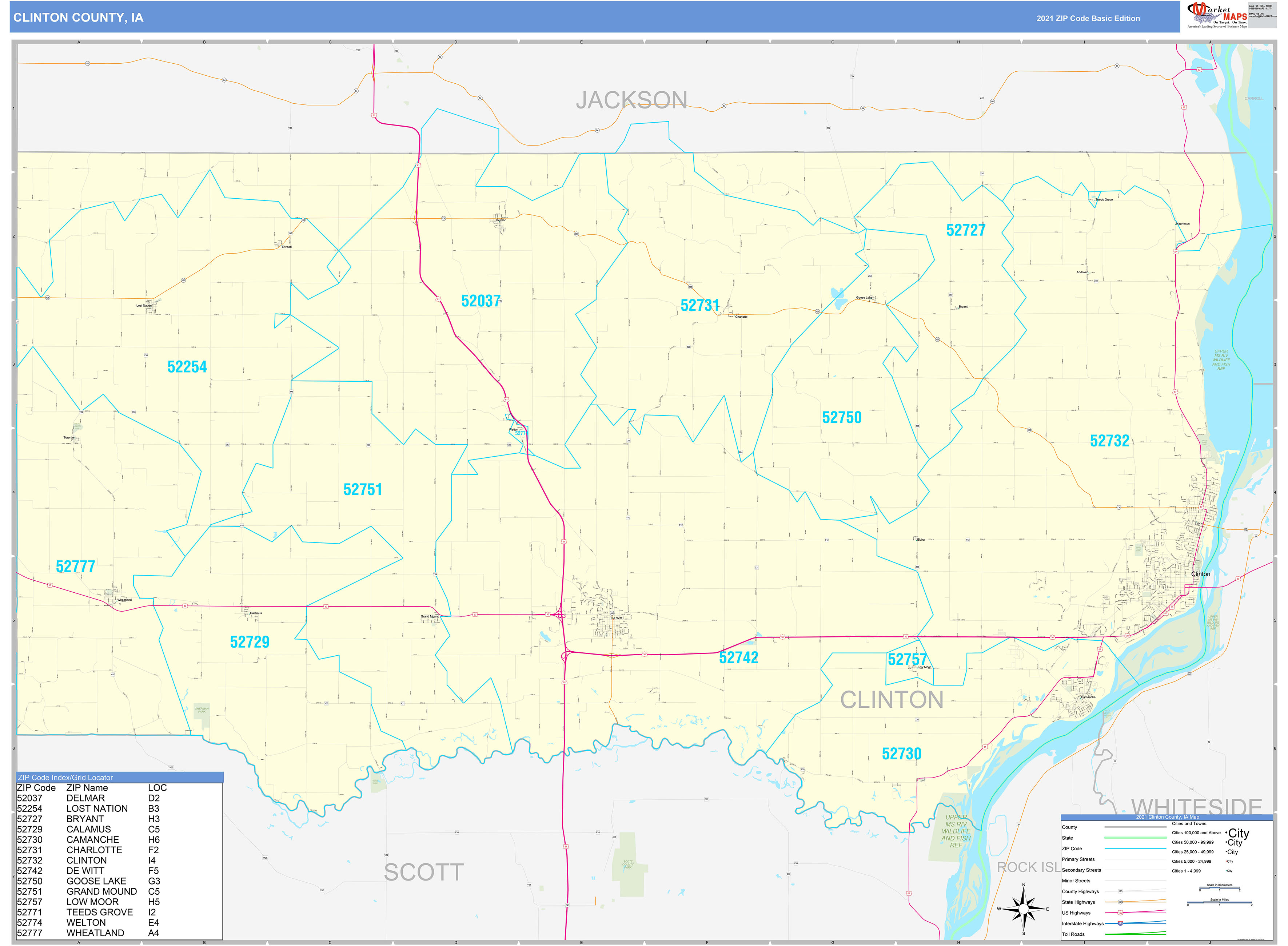 Clinton County, IA Zip Code Wall Map Basic Style by MarketMAPS MapSales