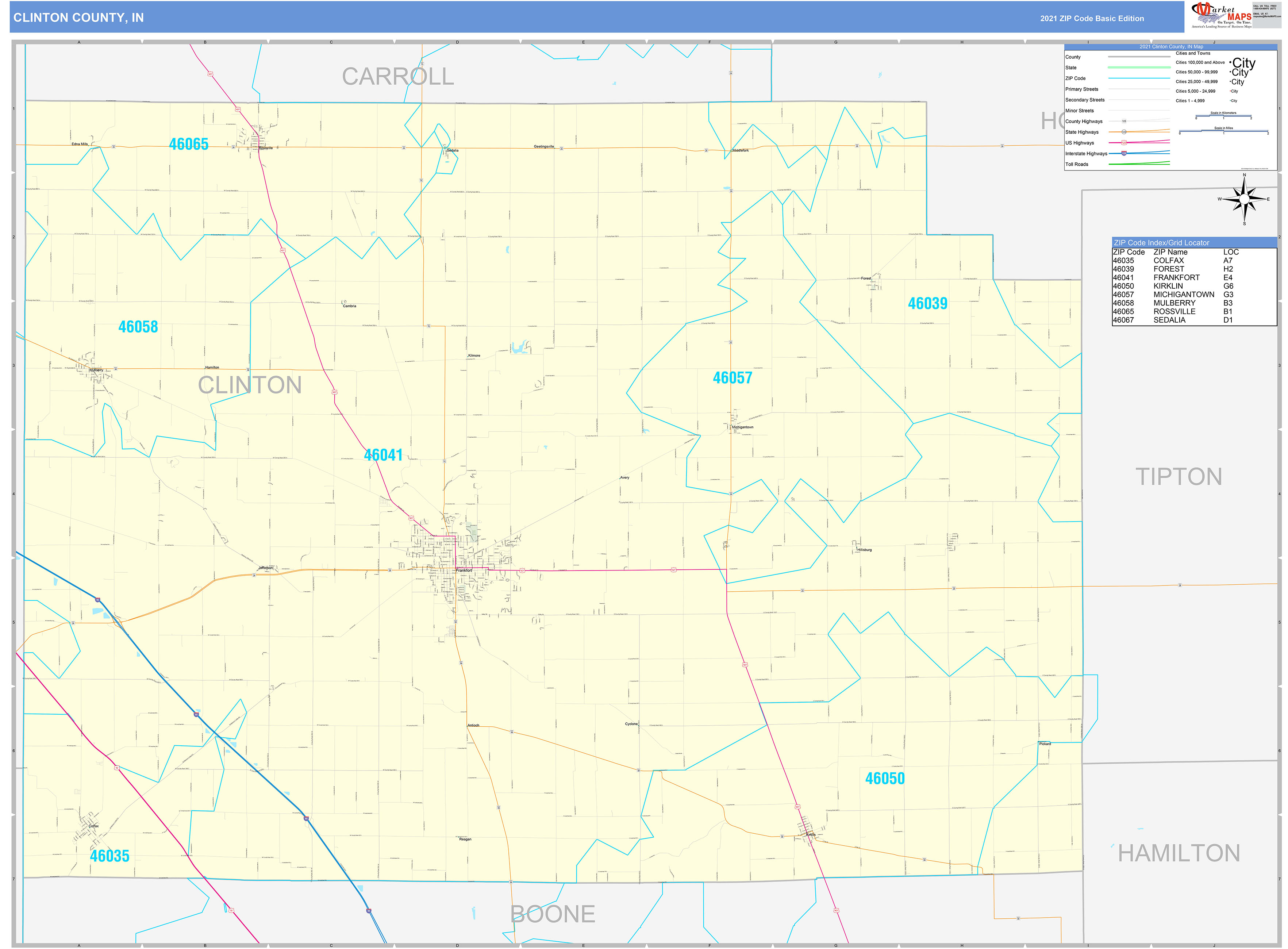 Clinton County, IN Zip Code Wall Map Basic Style by MarketMAPS