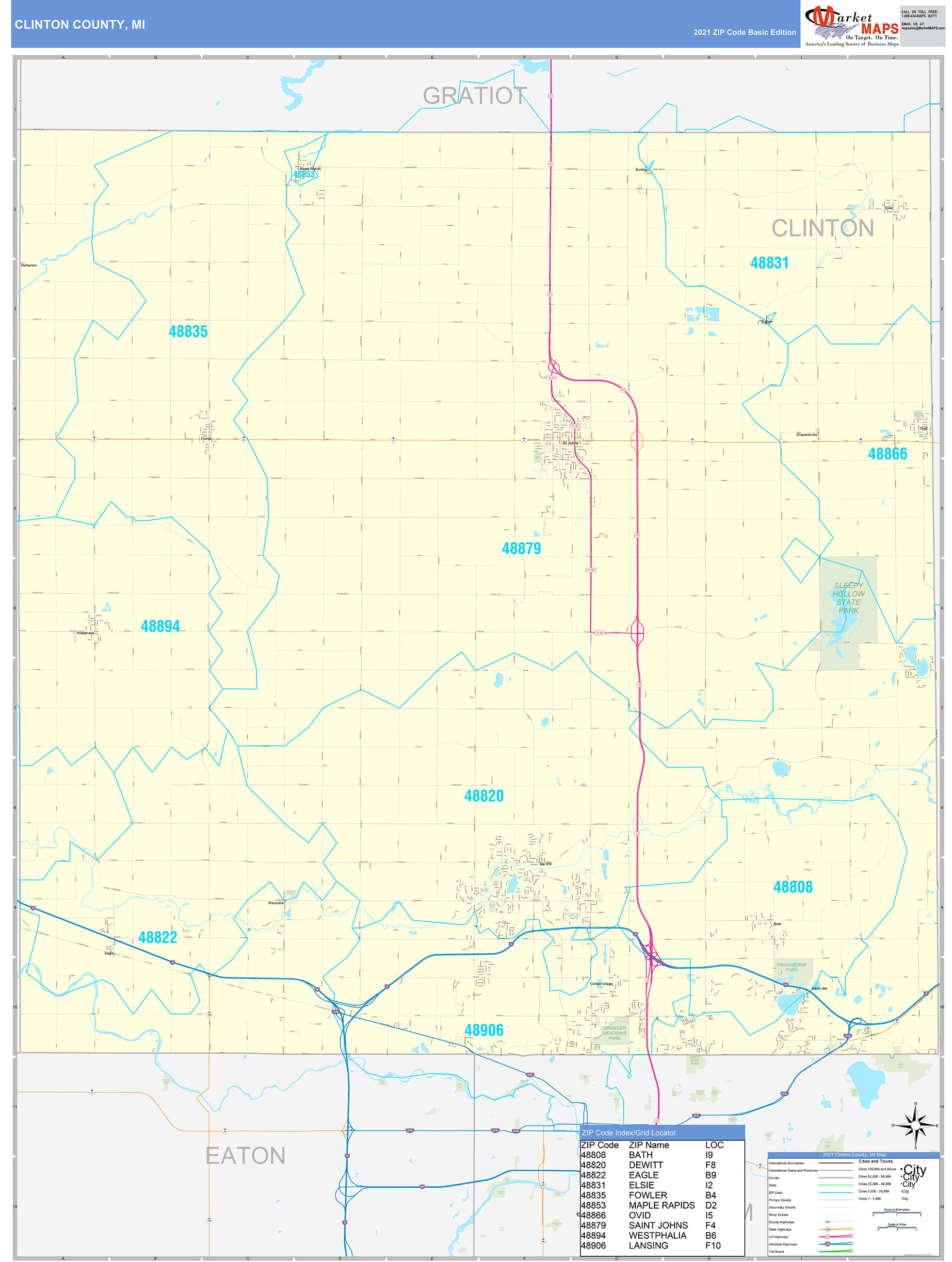 Clinton County, MI Zip Code Wall Map Basic Style by MarketMAPS