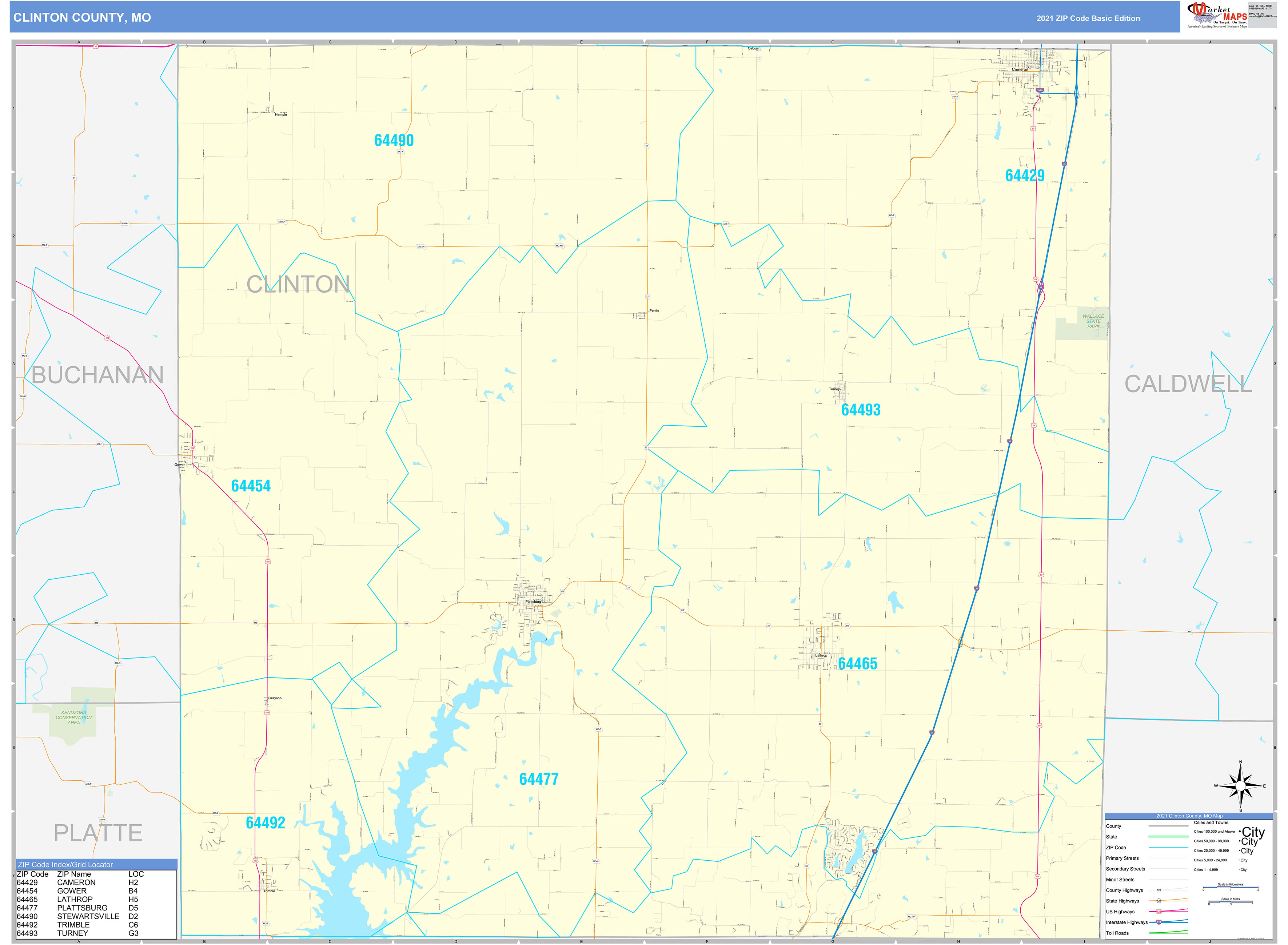 Clinton County, MO Zip Code Wall Map Basic Style by MarketMAPS