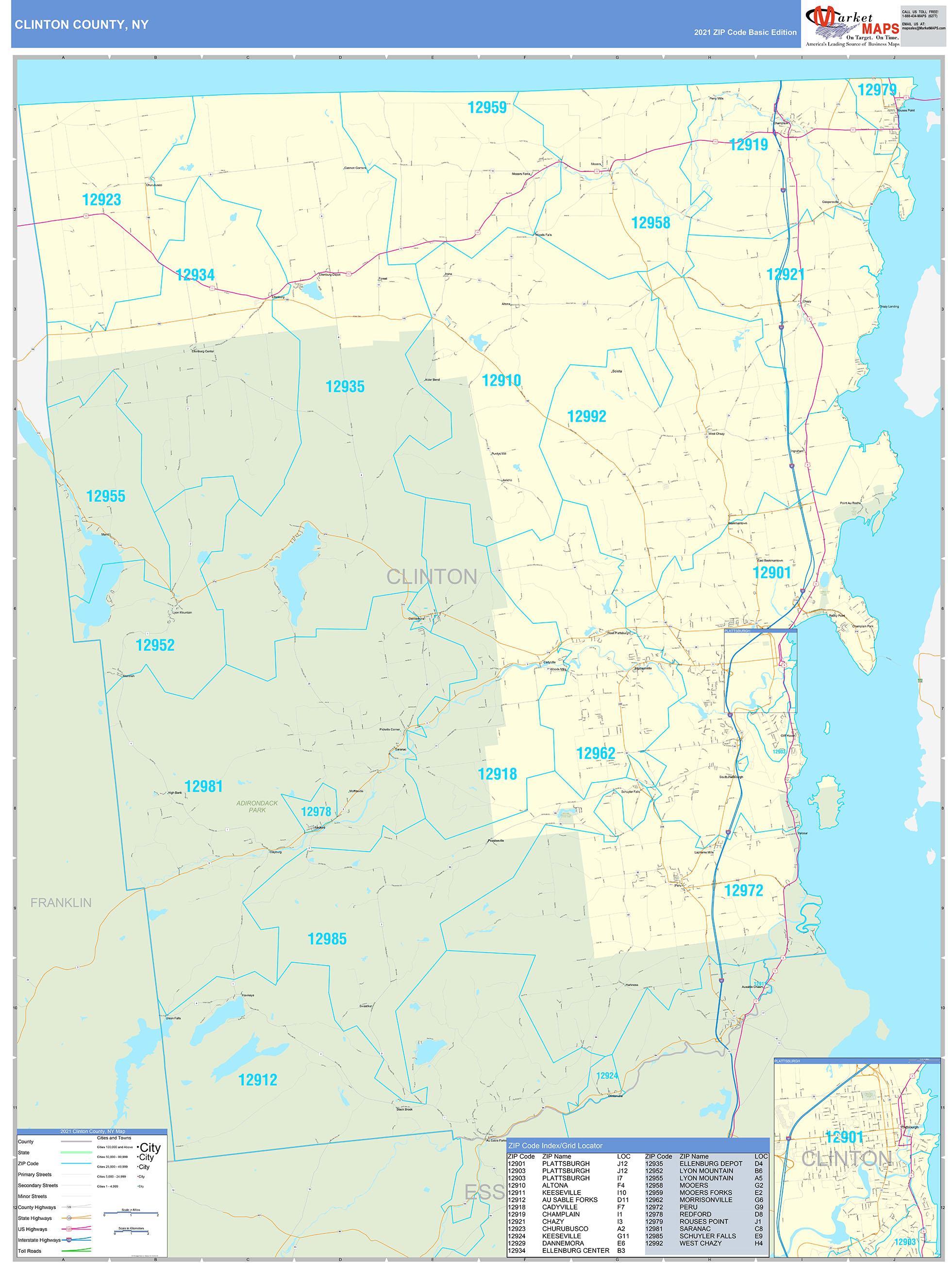 Clinton County, NY Zip Code Wall Map Basic Style by MarketMAPS