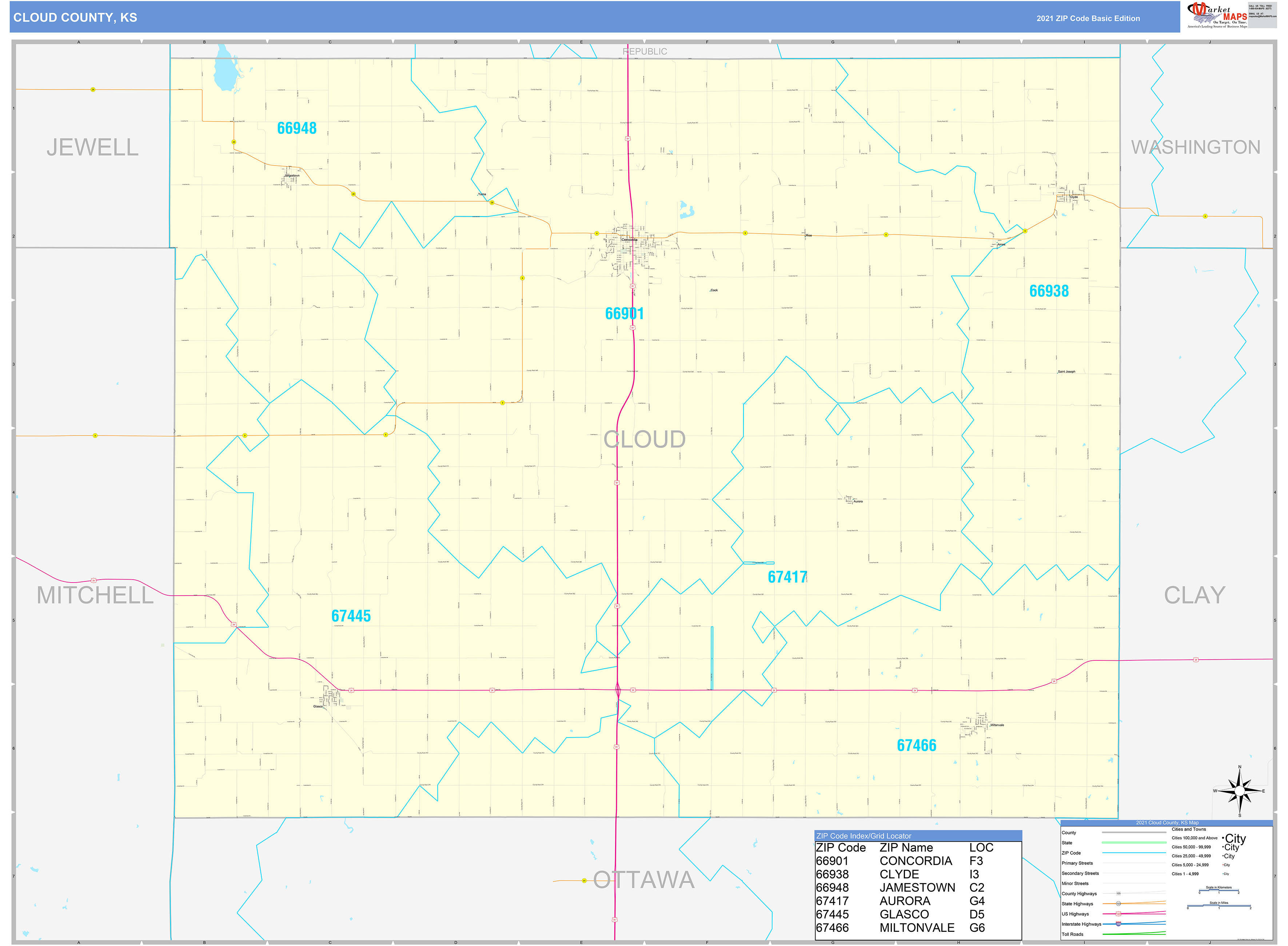 Cloud County, KS Zip Code Wall Map Basic Style by MarketMAPS MapSales