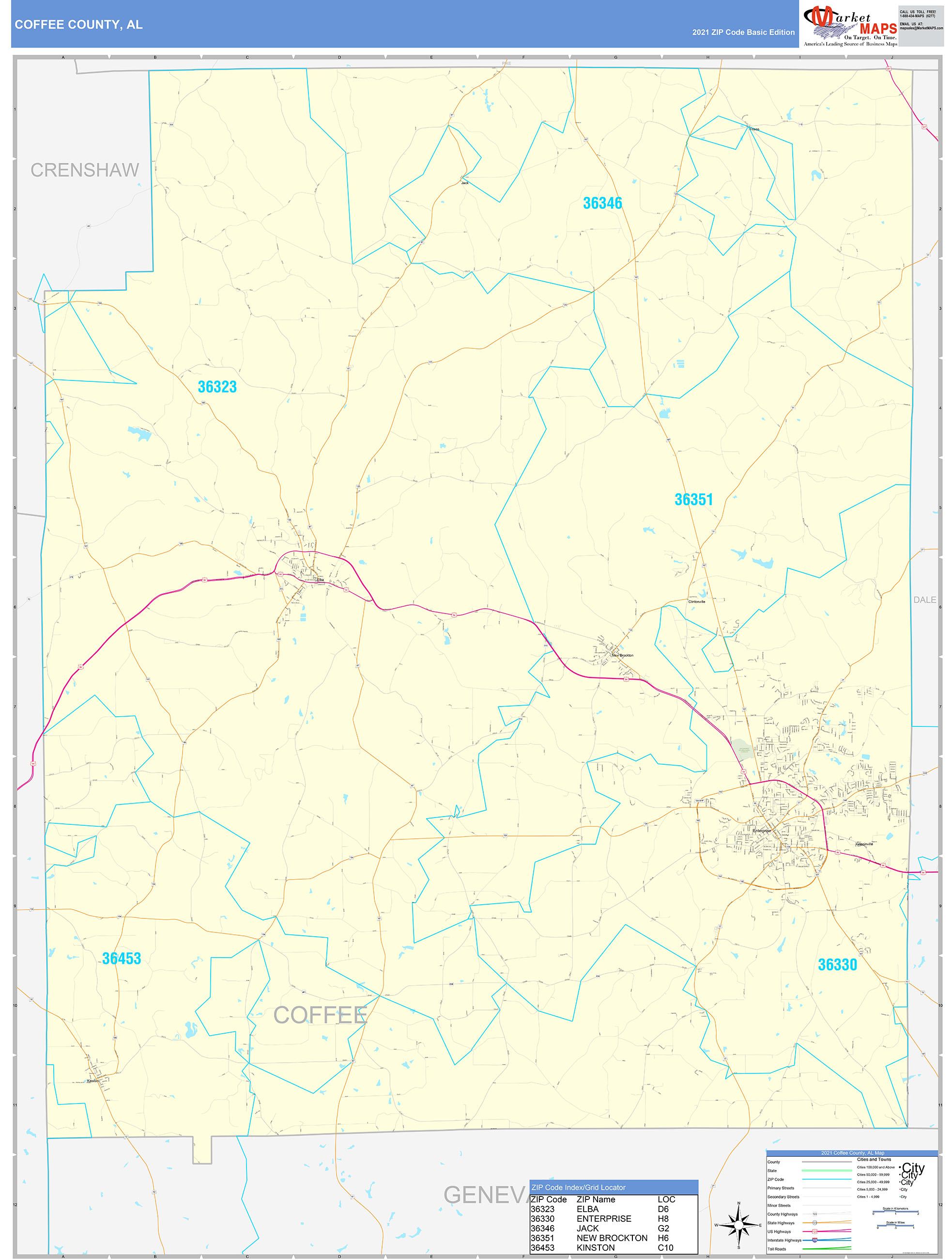 Coffee County, AL Zip Code Wall Map Basic Style by MarketMAPS MapSales