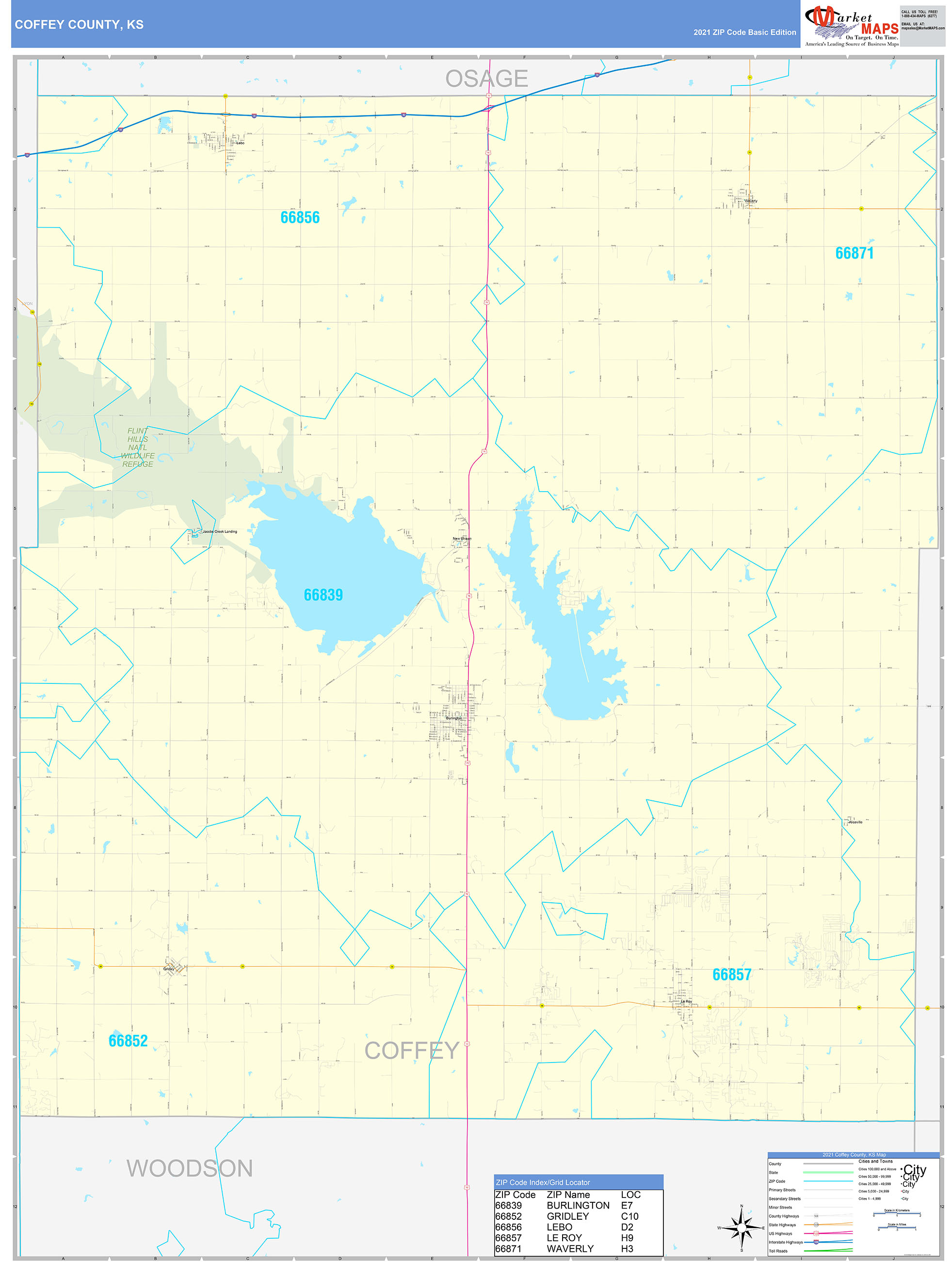 Coffey County, KS Zip Code Wall Map Basic Style by MarketMAPS MapSales